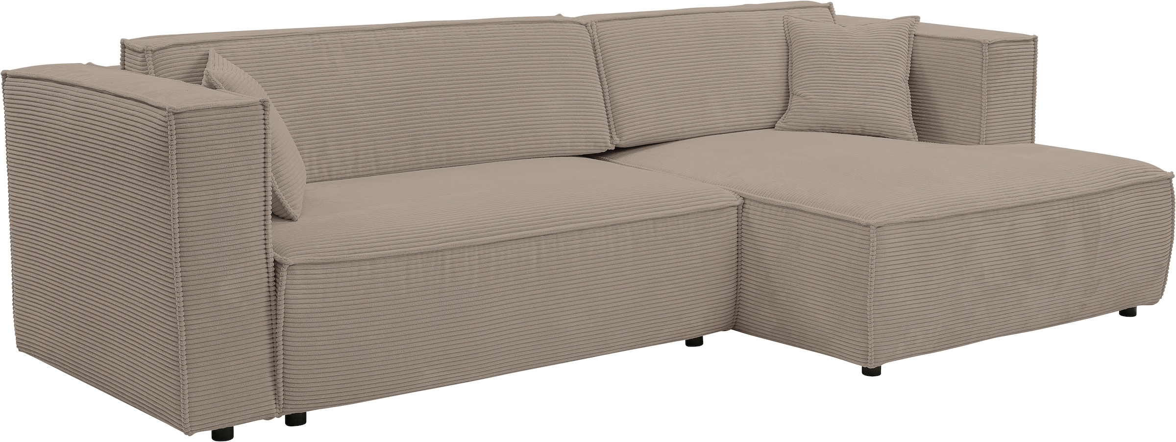 WERK2 Ecksofa »Atlanta, moderne Designsprache, Stellmaße 280x147cm, L-Form, Kedernaht«, hoher Komfort, Schlaffunktion & Bettkasten, Cord, Greige