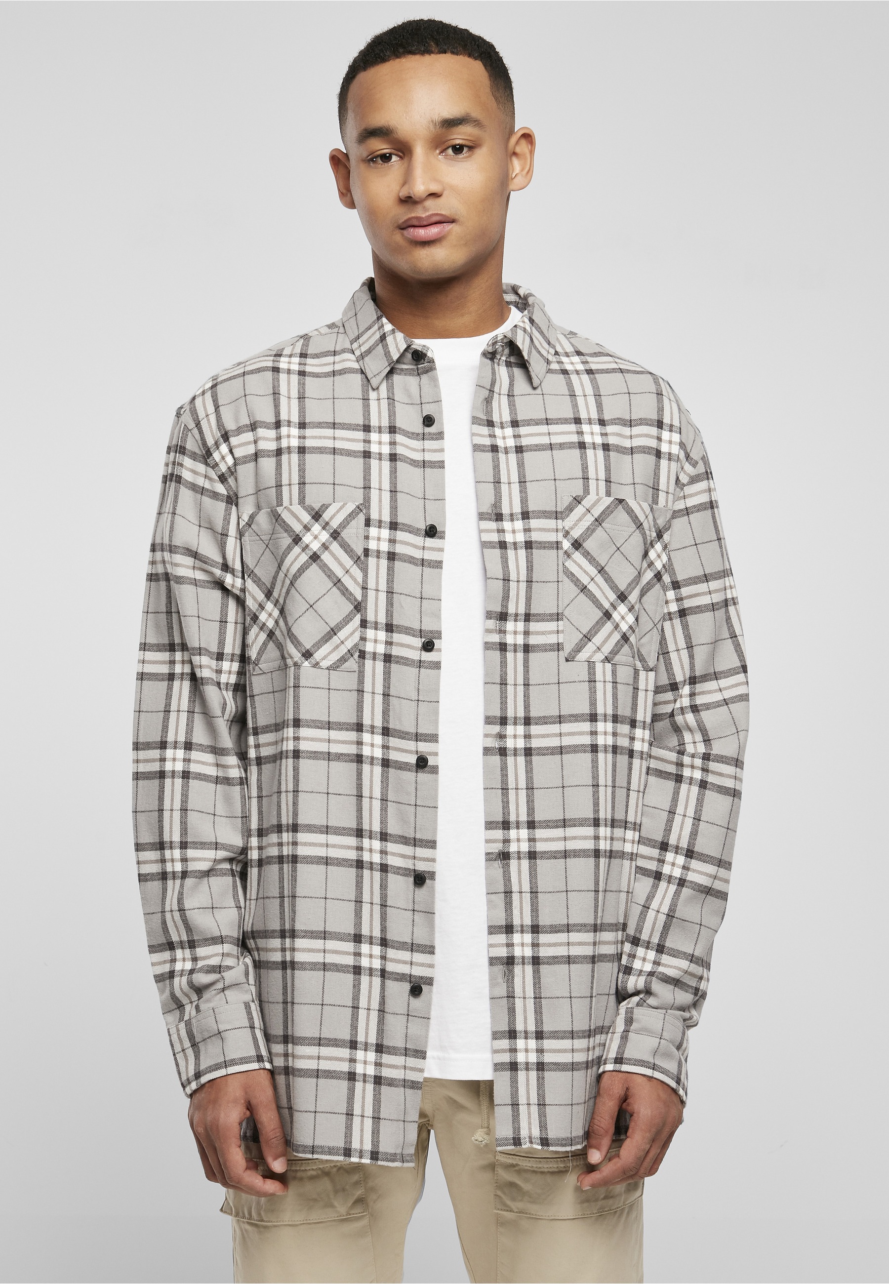 URBAN CLASSICS Kurzarmshirt »Urban Classics Herren Long Oversized Grey Check Shirt« 1 Stk.