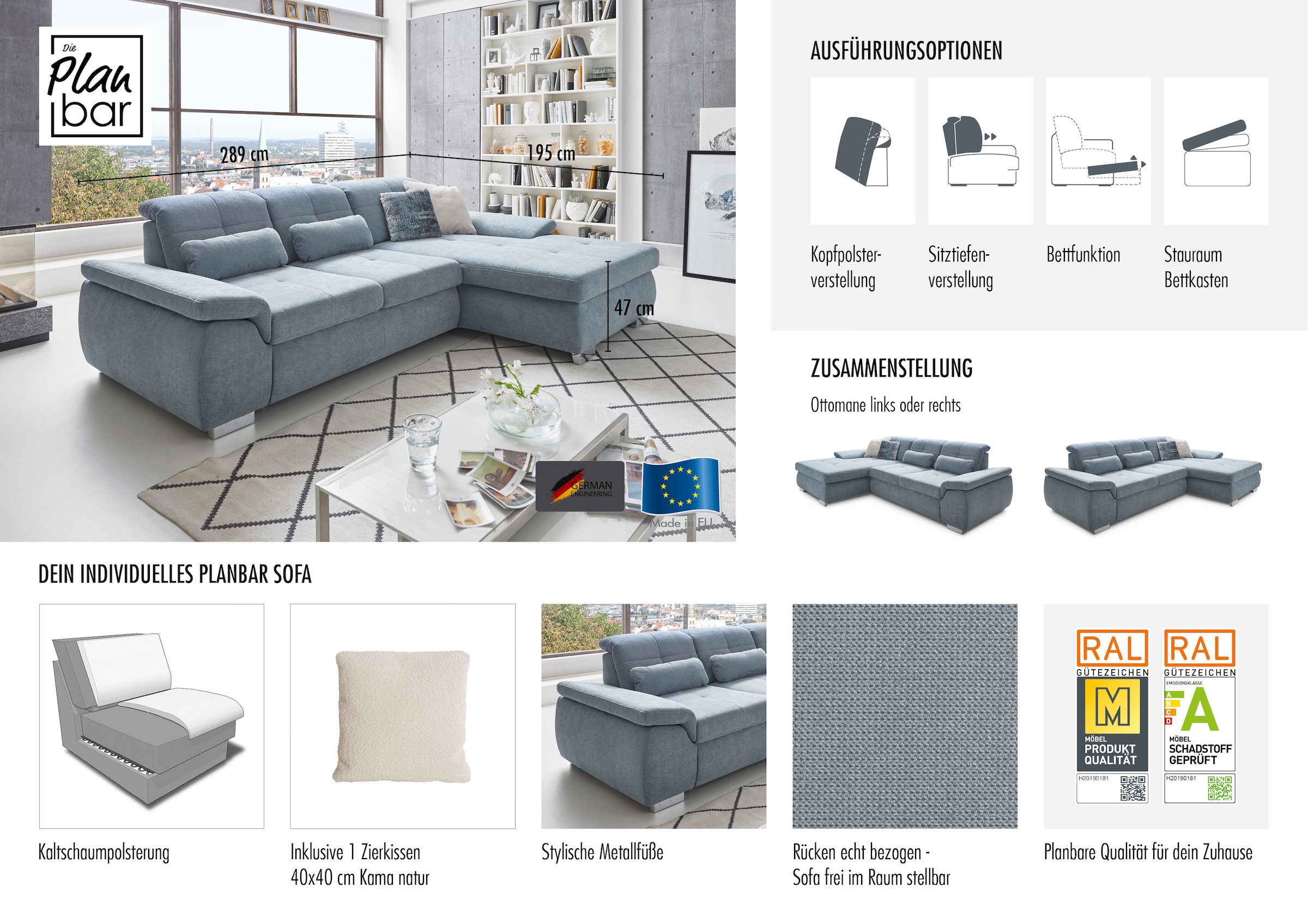Die PlanBar Ecksofa »MP-IN16037 L-Form mit Kaltschaum-Polsterung«, mit Sitztiefenverstellung & Zierkissen