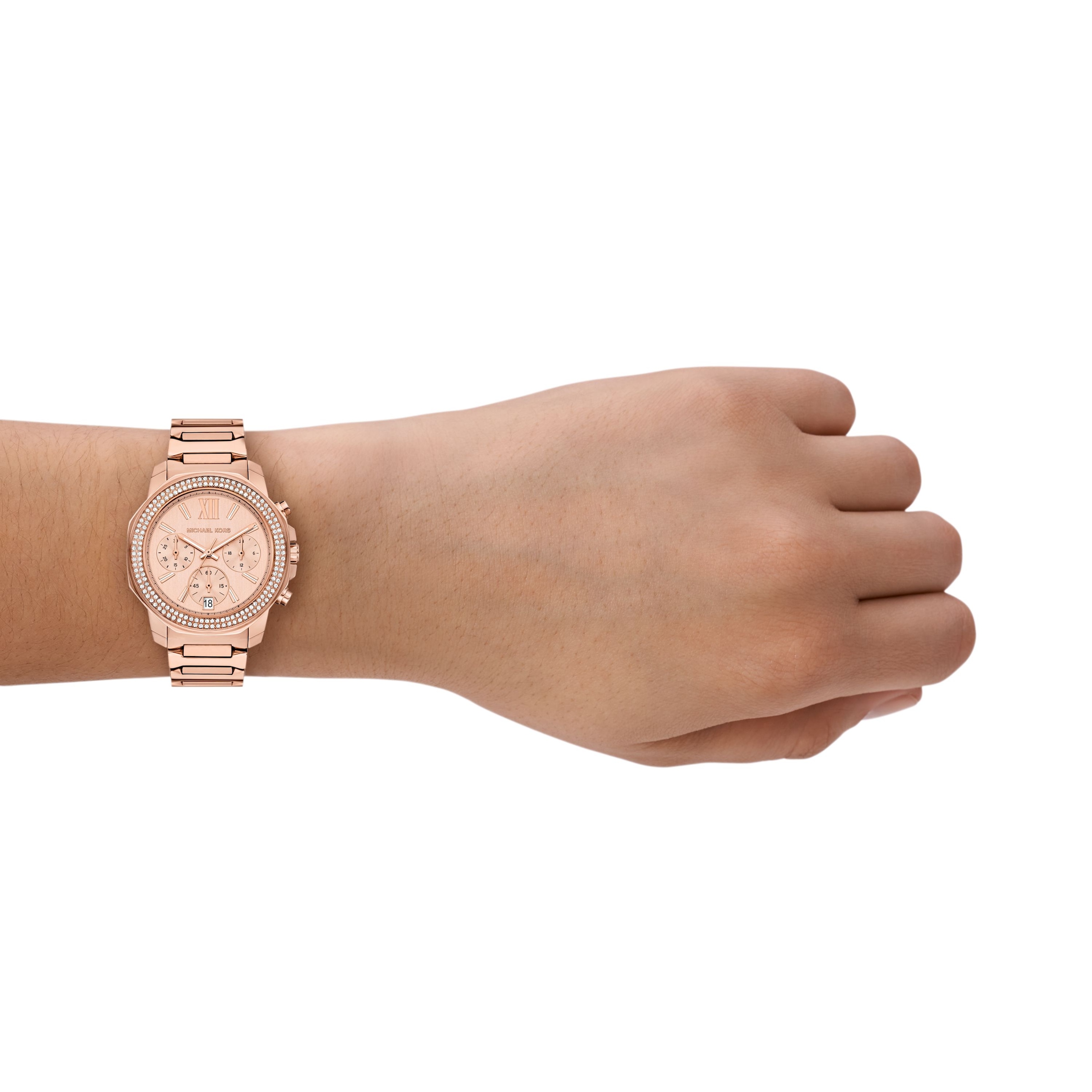 MICHAEL KORS Chronograph »Prescott« Quarzuhr, Armbanduhr, Edelstahlarmband, analog, Tag, Stoppfunktion