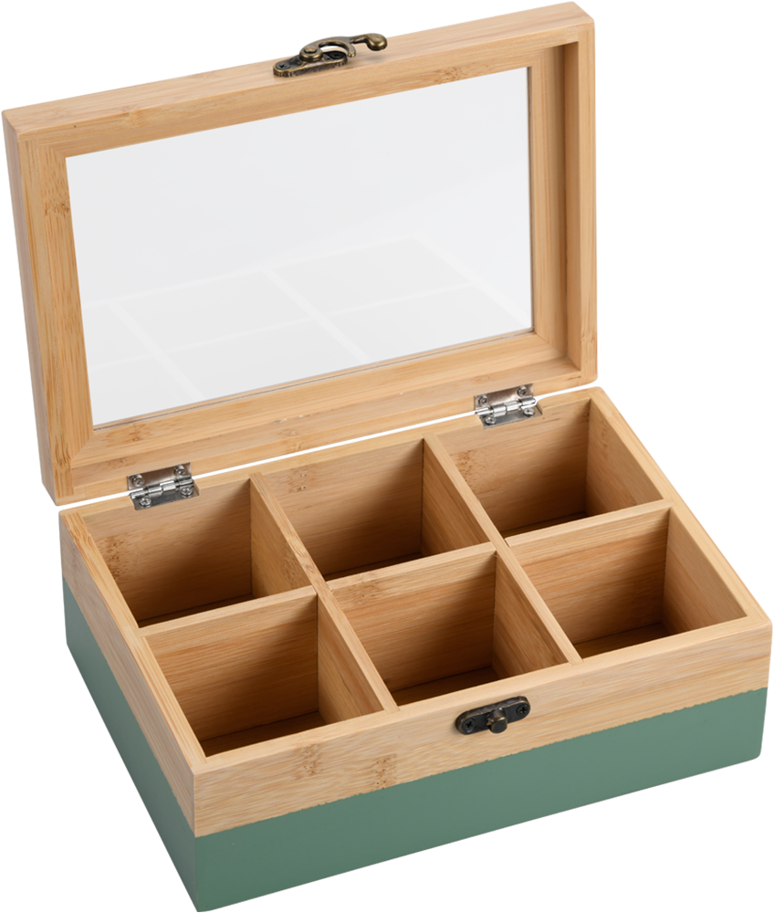 KESPER® Teebox »Aufbewahrungsbox mit 6 Fächern, aus Bambus, FSC«, (1 tlg.), mit Kunststoff-Sichtfenster und Metallverschluss