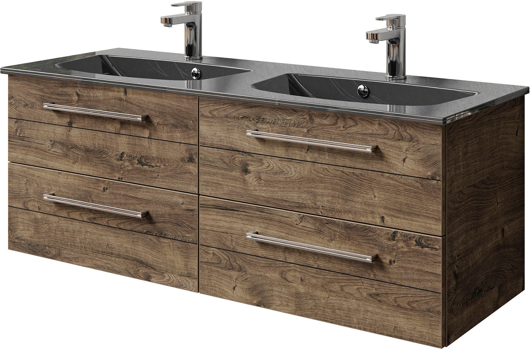 Saphir Badmöbel-Set »Serie 6025 2-teilig Mineralmarmor-Waschtisch mit LED-Spiegelschrank«, (2 St.), Waschplatz 132cm breit, 4 Schubladen, 2 Spiegel-Türen, inkl Türdämpfer