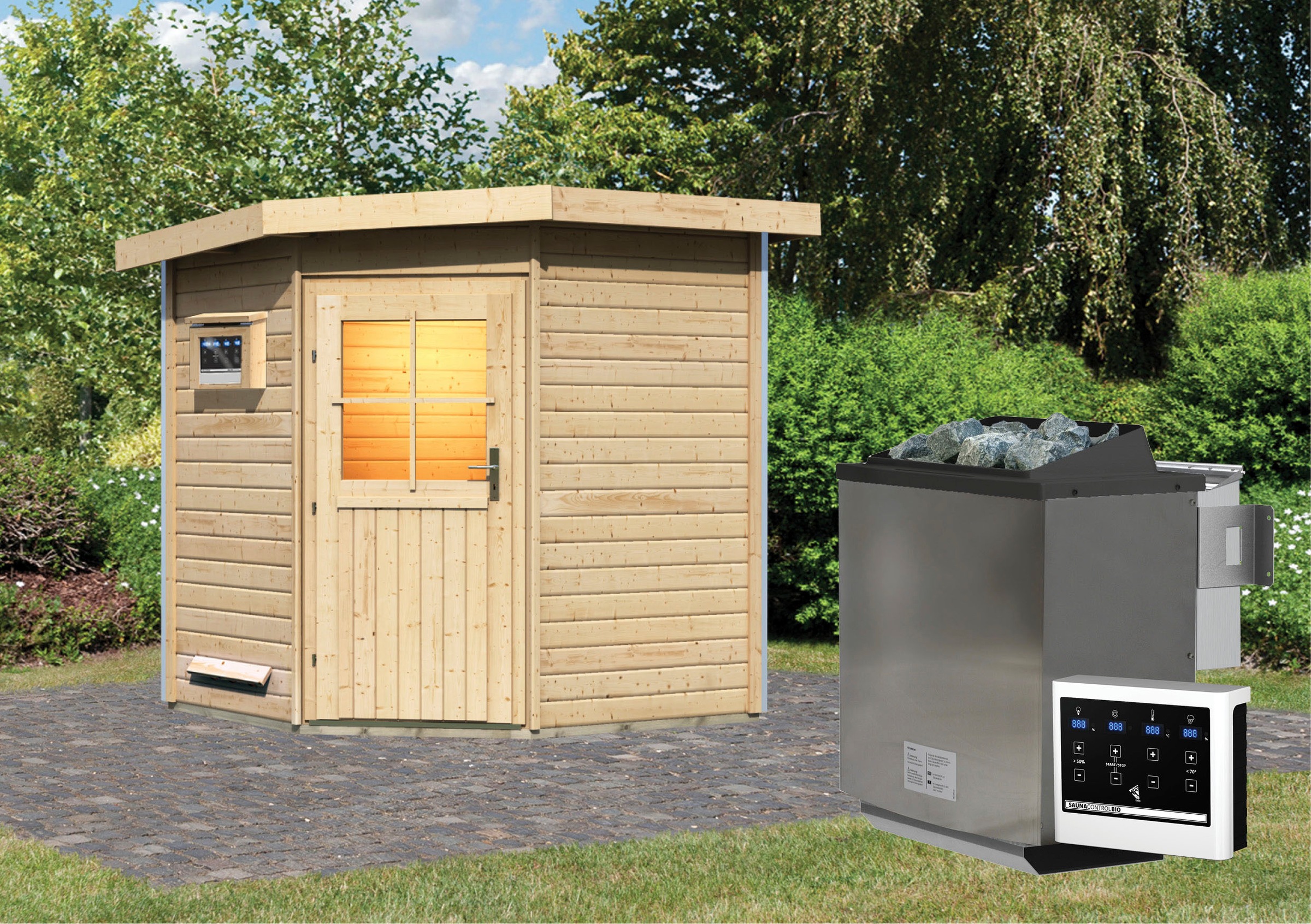 Karibu Saunahaus »Fiete«, klassiche Tür, Ofen 9 kW Bio externe Strg easy