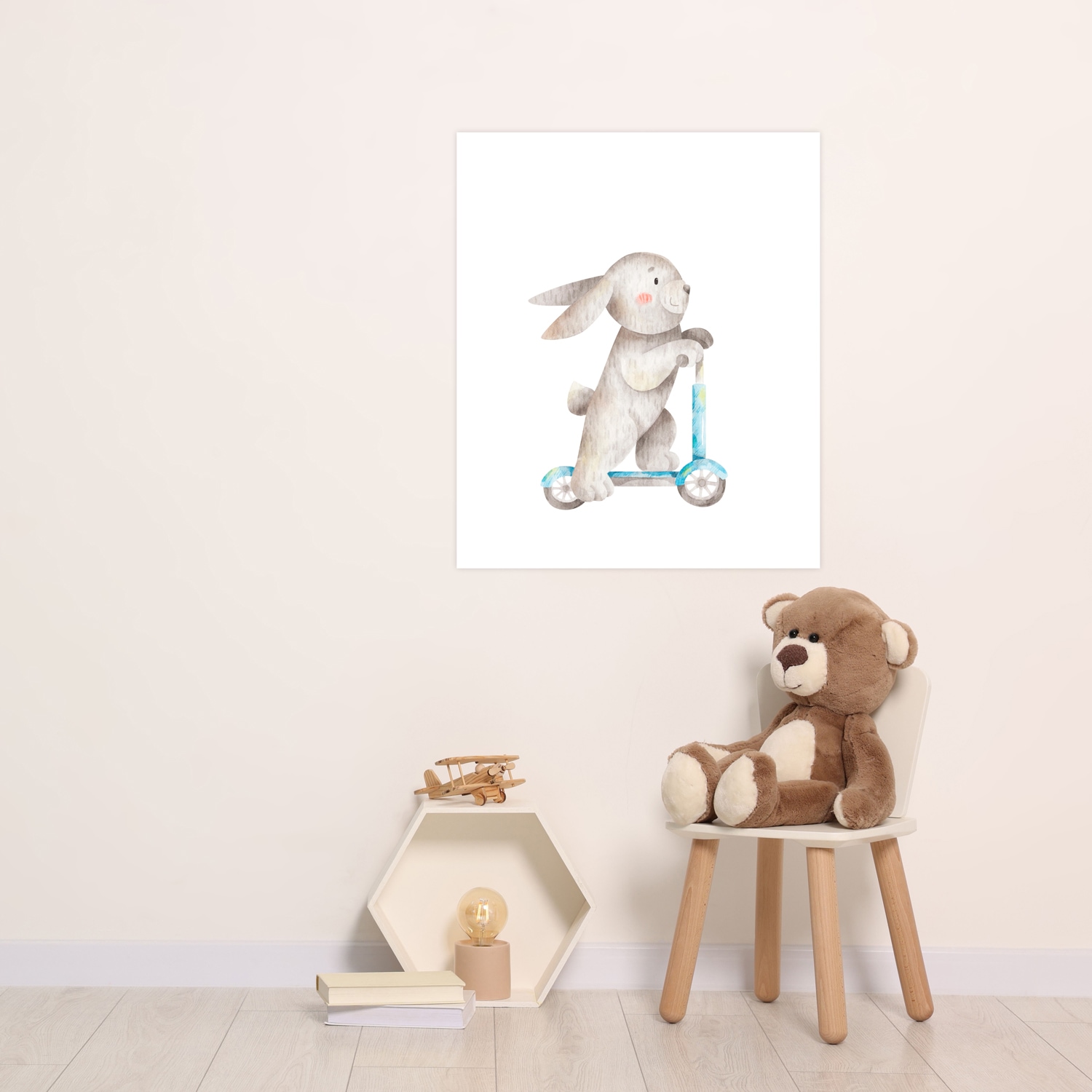 Lüttenhütt Bild mit Rahmen "oder Poster, Hase auf Roller" Fantasy Tiere 1 Stk. tlg. HD Premium Druck