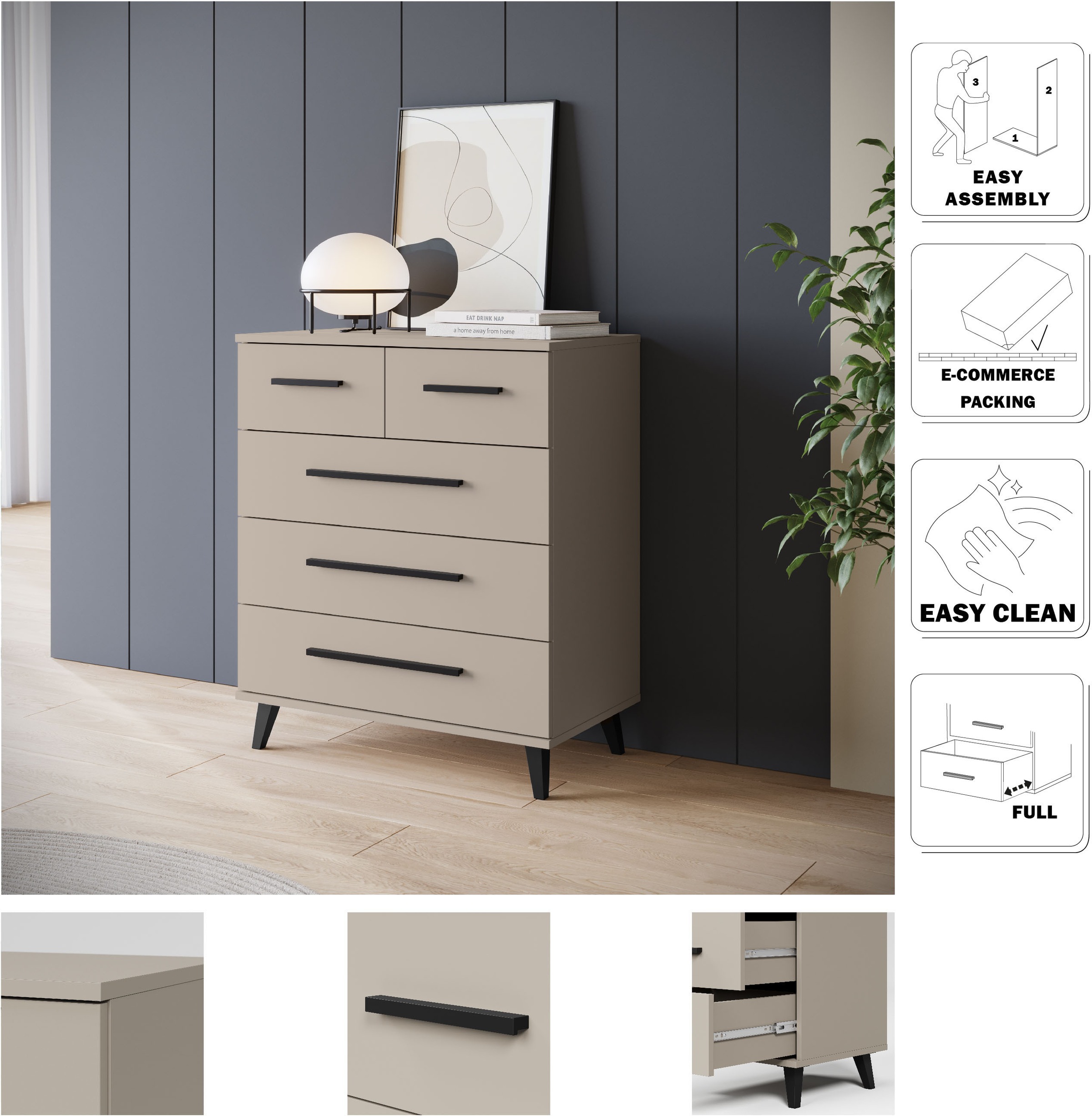 INOSIGN Sideboard »Lagos, Kommode, 5 Schubladen, schwarze Griffe & Füße«, (1 St.), modernes Design, B/T/H je 70/39,5/82,5 cm, pflegeleichte Oberfläche