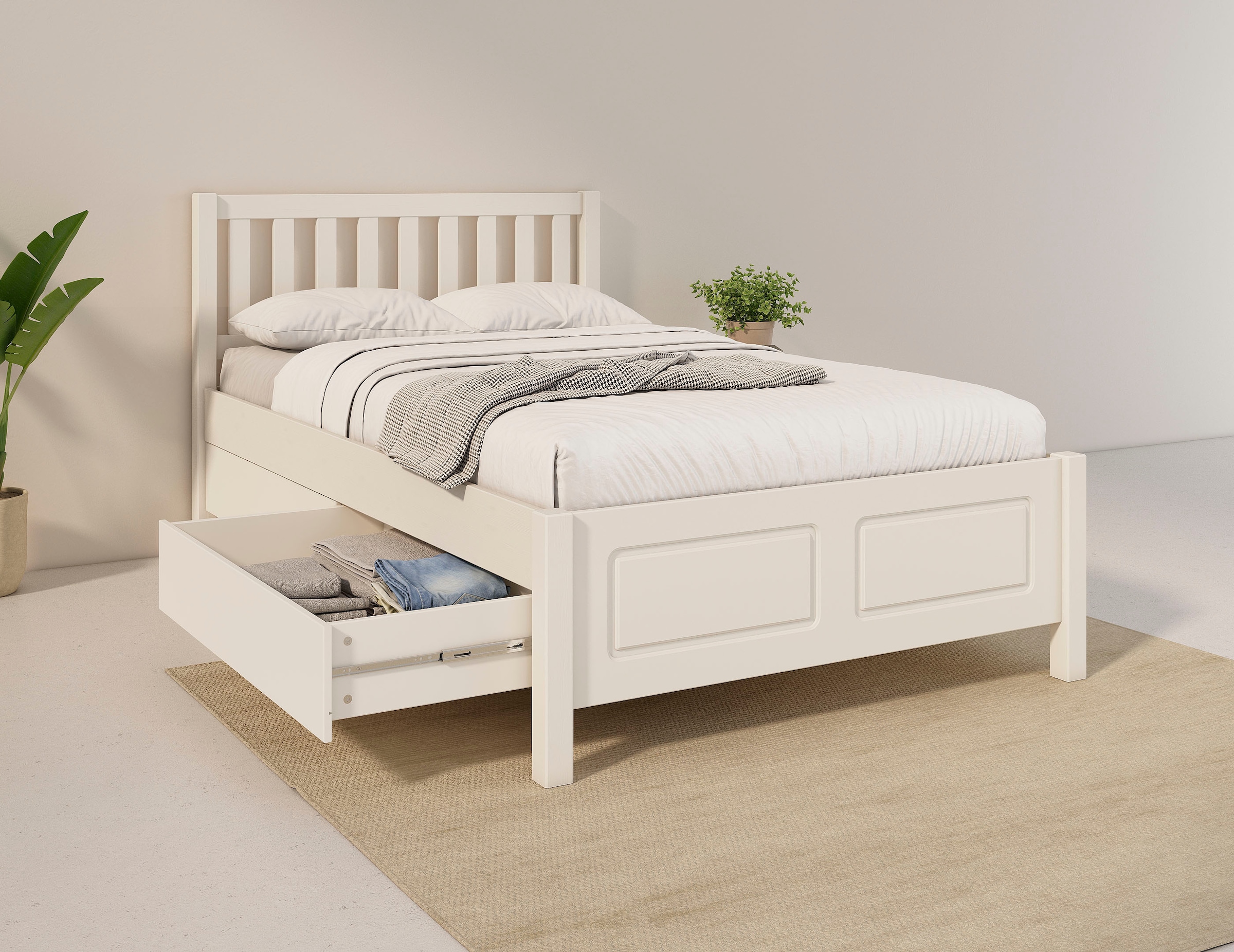 OTTO home Stauraumbett »Synnra, maximaler Stauraum, 4 Schubladen, Made in EU, Landhausstil« FSC® zertifiziert, Kassettenfront, Stauraumlösung und Komfort