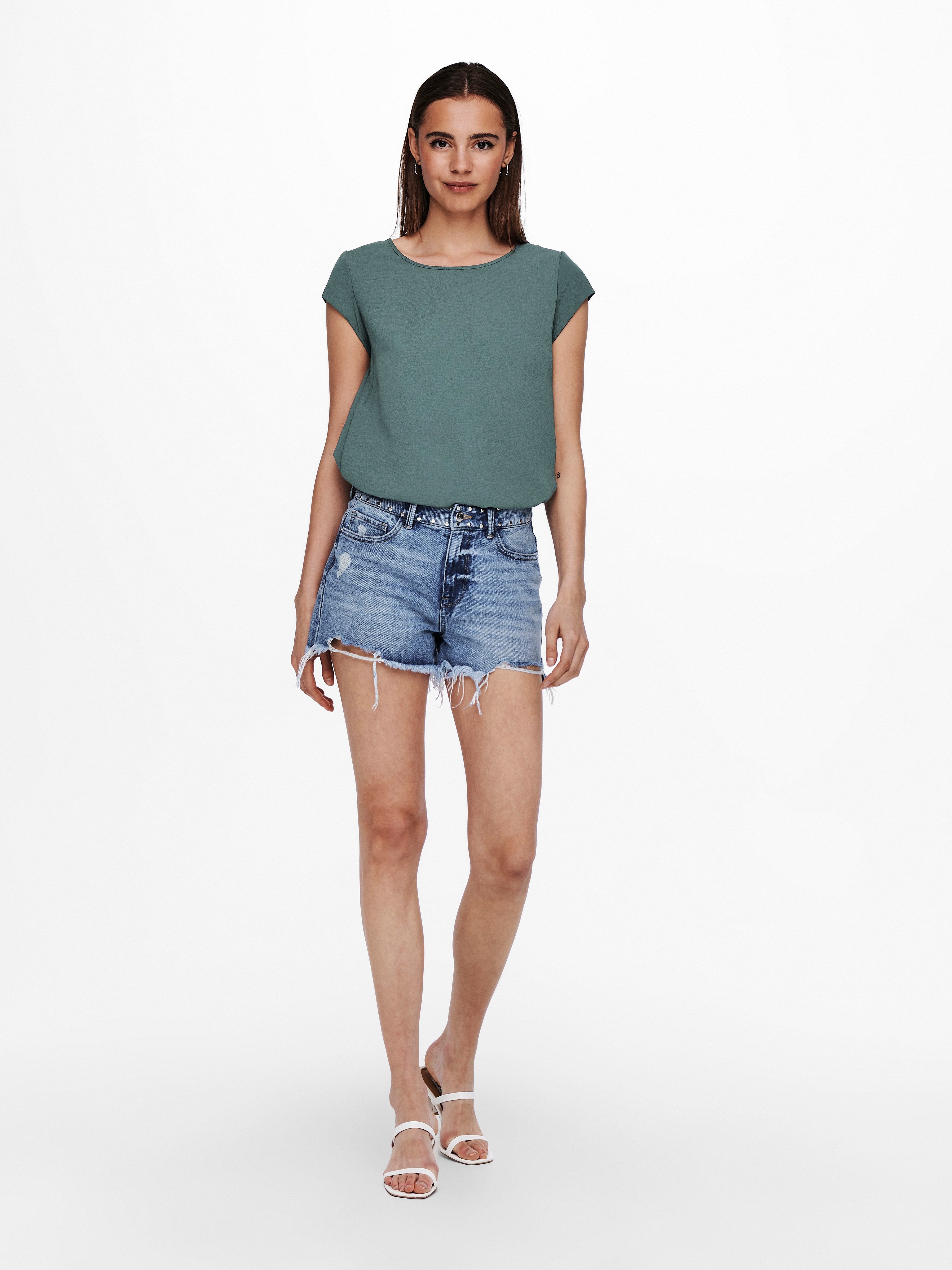 Thumbnail - ONLY Kurzarmbluse "ONLVIC – feminines Blusenshirt in lockerer Form", regular fit, Web, Kunstfaser, Rundhals, unifarben