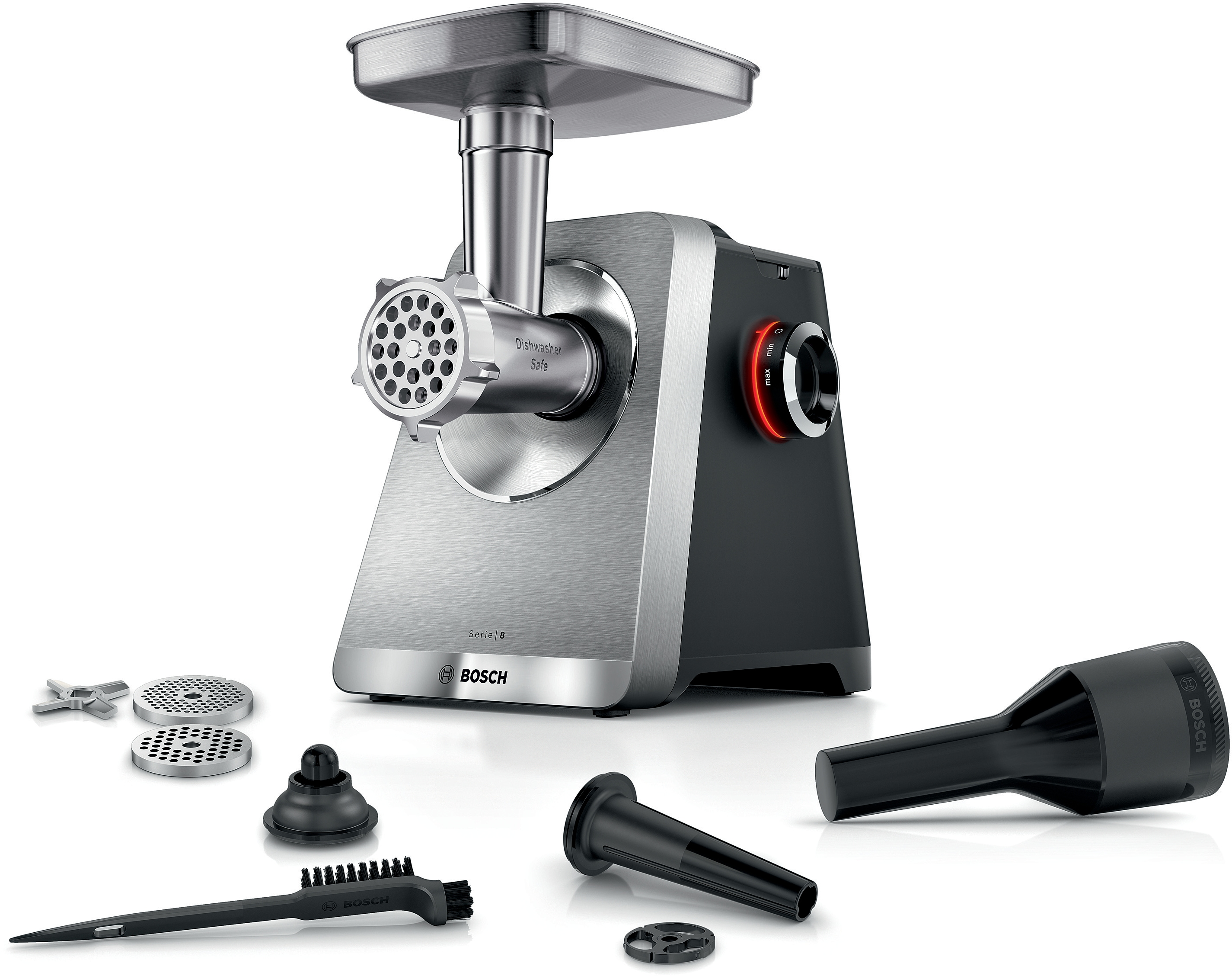BOSCH "Serie 8 MFWS820M, bis zu 4,5 kg Fleisch pro Min., spülmaschinenfest" 800 W Edelstahl, 10-Jahre Motorgarantie, mit drei Lochscheiben, 2.500 W