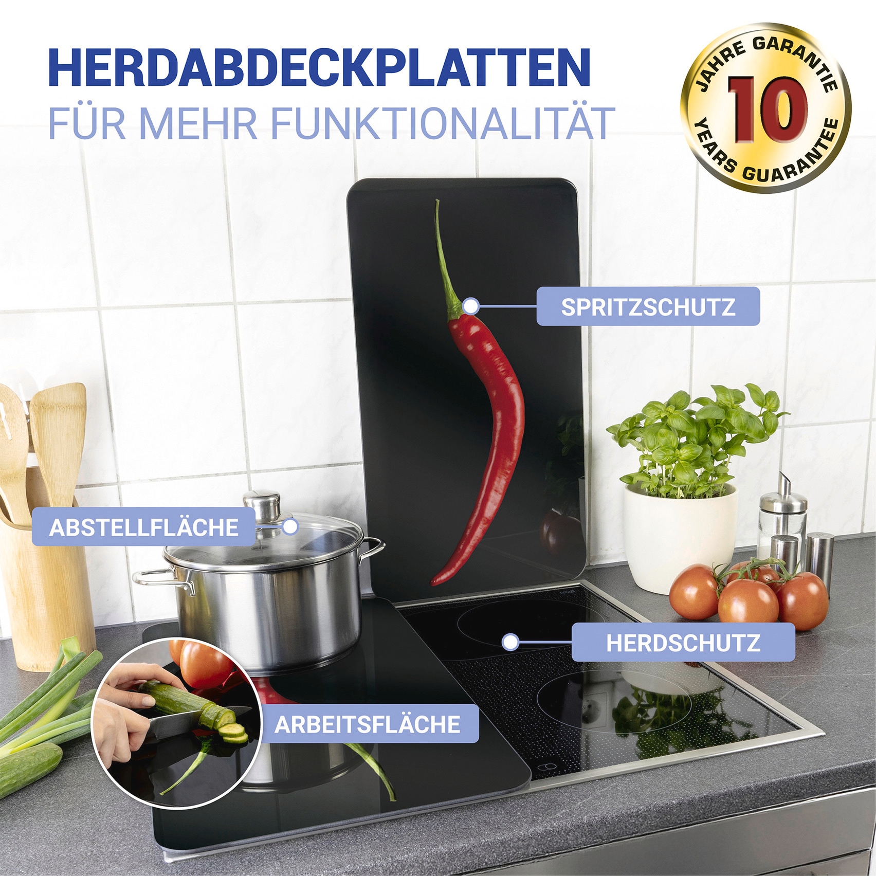 WENKO Herd-Abdeckplatte »Universal Modell Hot Peperoni«, (Set, 2 tlg.), Herdabdeckung für alle Herdarten, kratzfest, mit rutschfesten Füßen