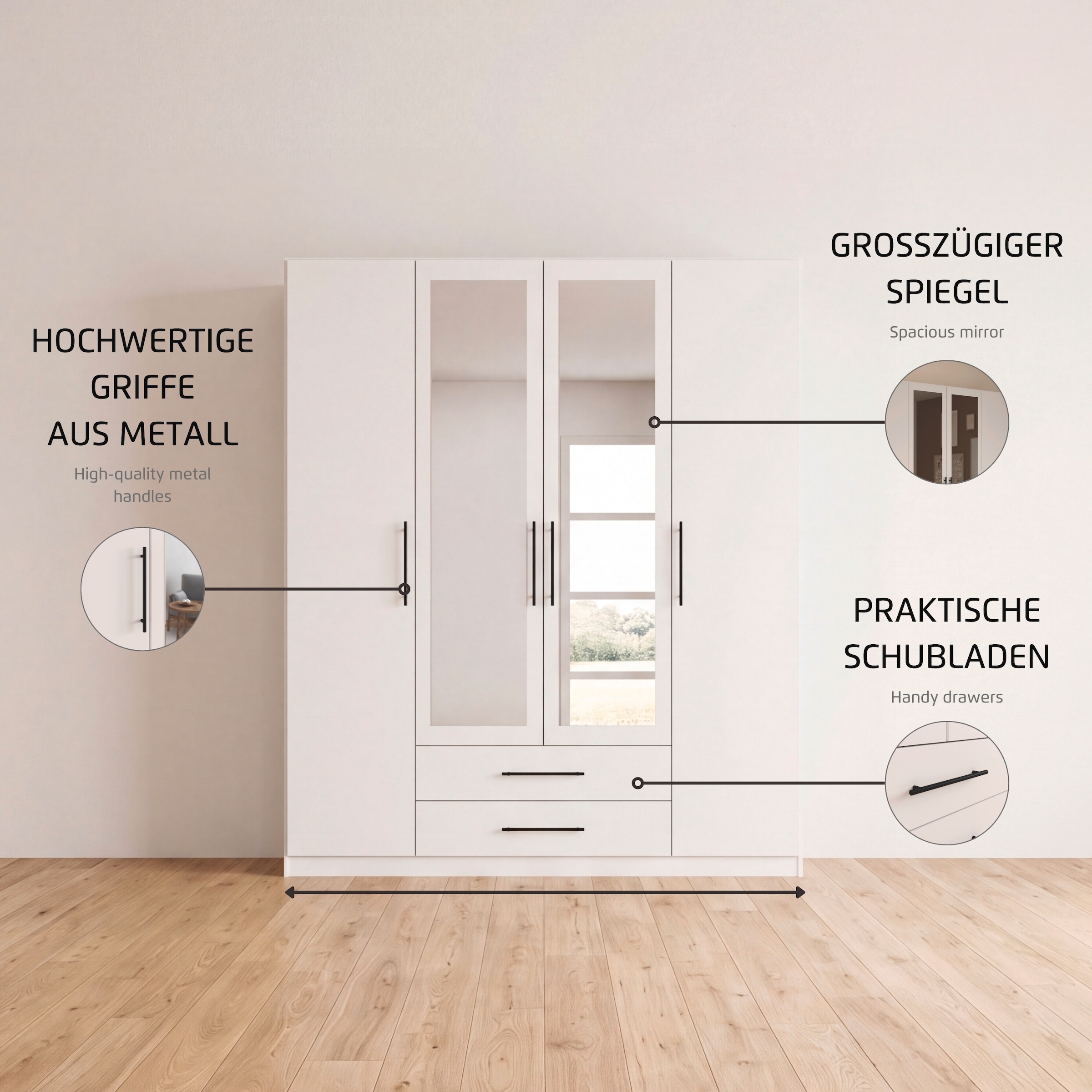 rauch Kleiderschrank »Mehrzweckschrank Schrank Garderobe Wäscheschrank Schlafzimmer GAMMA« 3 verschiedene Ausstattungen BASIC/CLASSIC/PREMIUM (inkl. SOFT-CLOSE),  Graumetallic, 181 cm, 2 Schubladen, Griff Schwarz MADE IN GERMANY