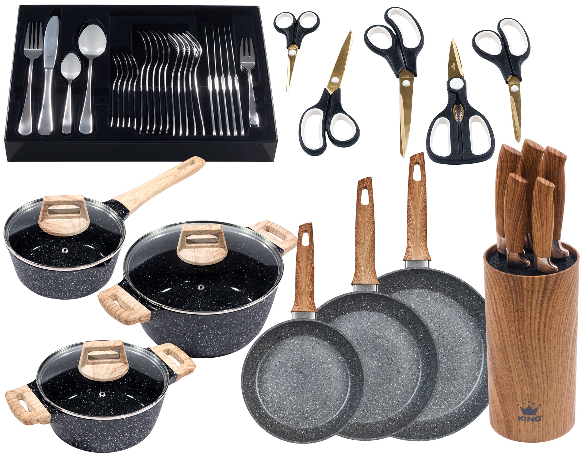 KING Topf-Set "Essential 21" Set, 3Töpfe,5Messer,Messerblock,3Pfannen,Etui,Menü-+Kuchenbesteck,5Schere, 51 Stk. tlg. Aluminiumguss