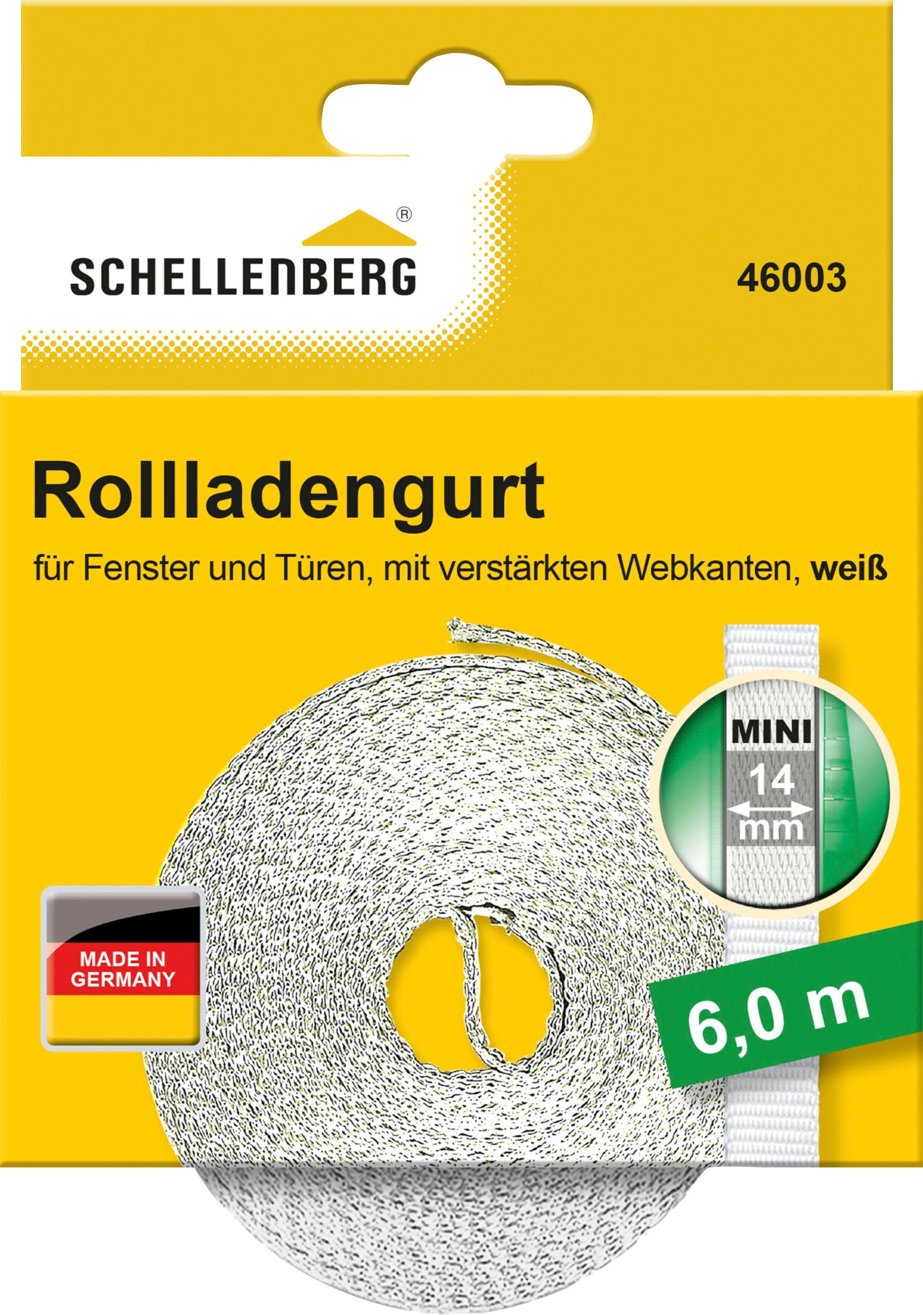 SCHELLENBERG Rollladengurt "Mini 14 mm, 6 m, zur Bedienung eines Rollladens mit Gurtwickler", B/L: 1,4cm x 600cm, 1 Stk., weiß, Seile, Gurtband in