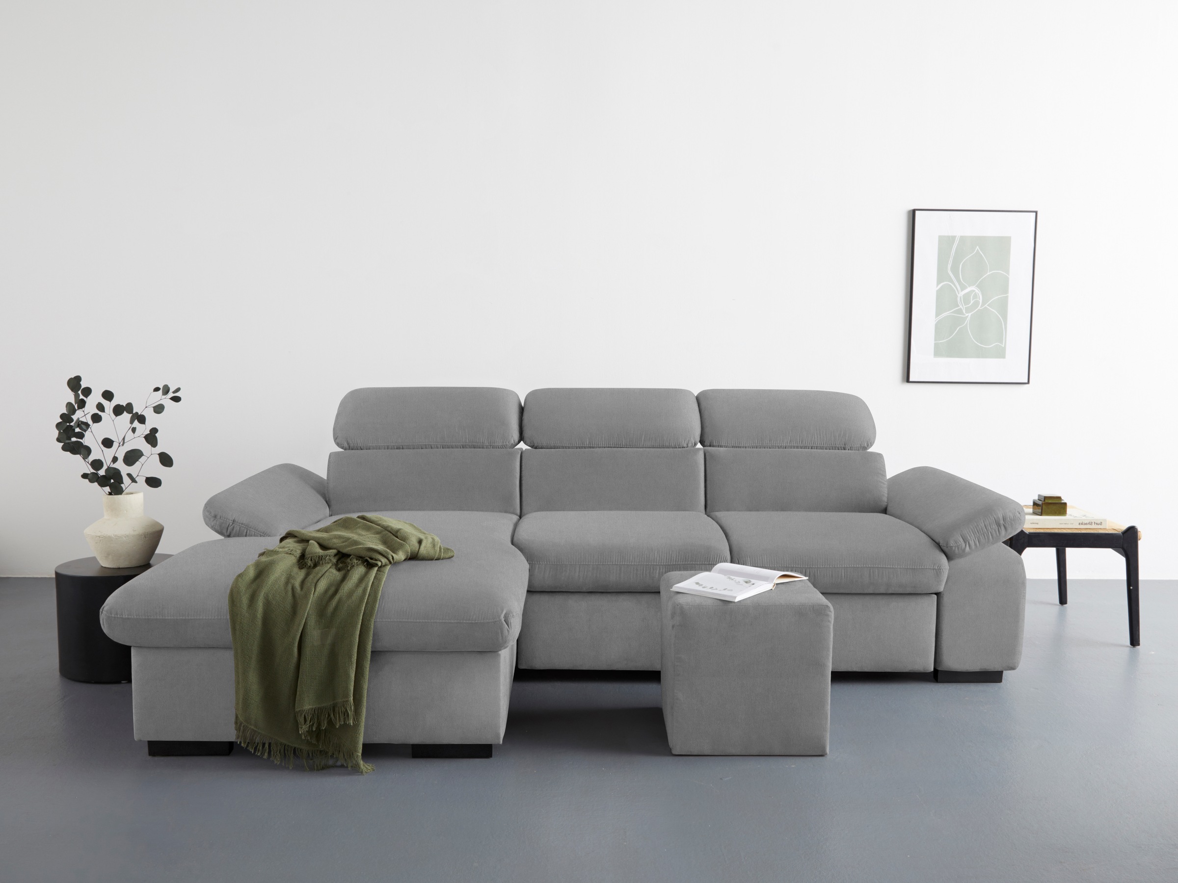 COTTA Ecksofa »Lola L-Form mit Kopfteilfunktion & Hocker«, (Set, mit Hocker), wahlweise mit Bettfunktion, Bettkasten & Armteilverstellung