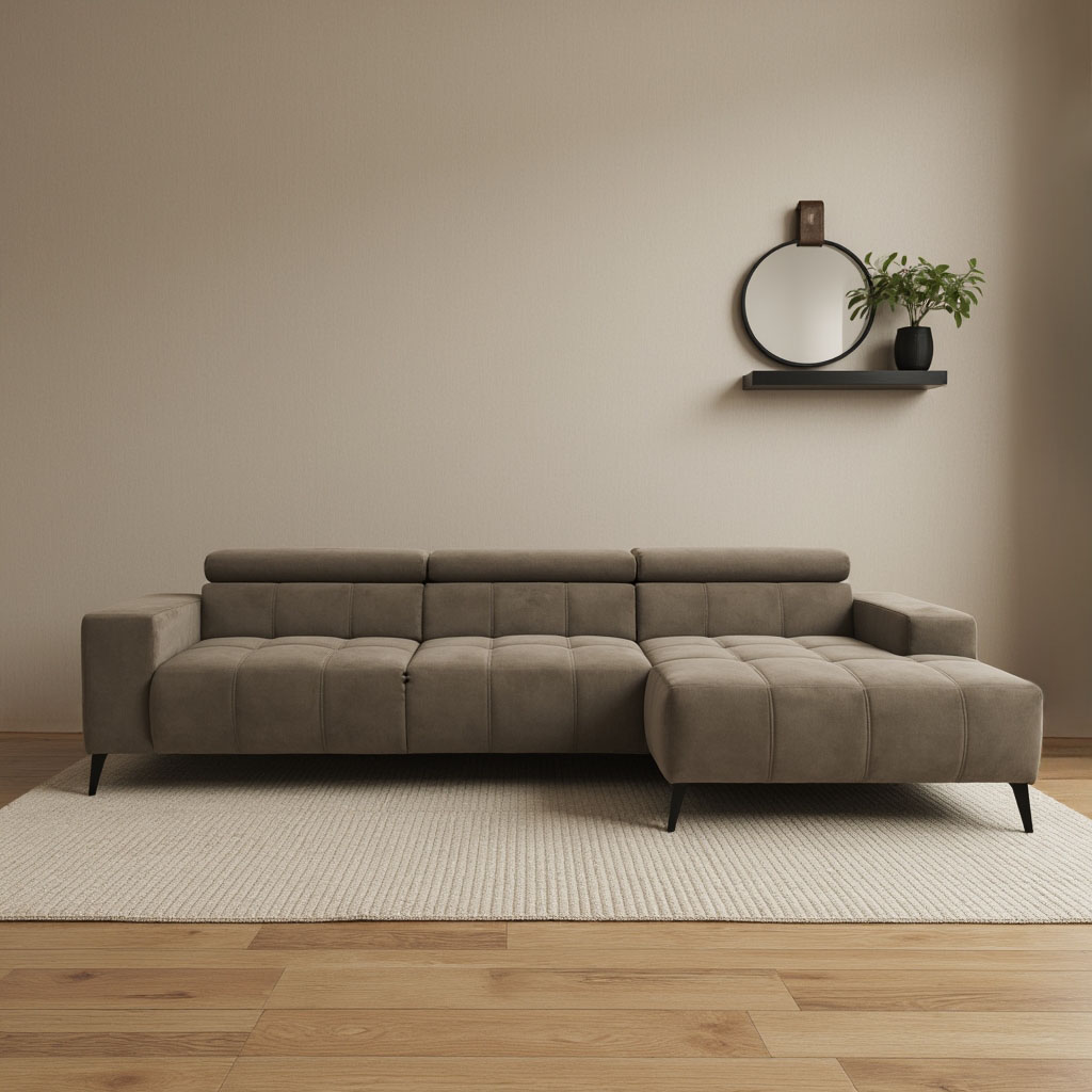 DOMO collection Ecksofa "Trento L-Form, mit Kufenfuß oder Einzelfuß" whlw. verstellbare Kopfteile, passend für gängige Saugroboter