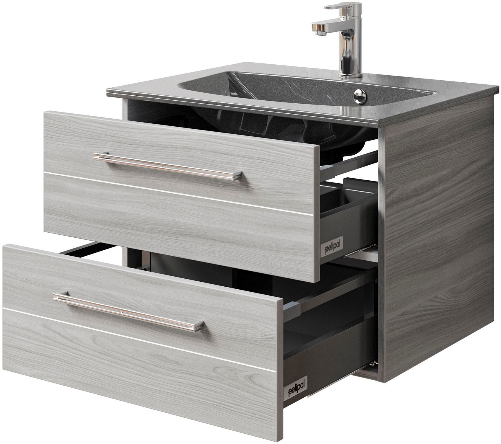 Saphir Badmöbel-Set »Serie 6025 2-teilig Mineralmarmor-Waschtisch mit LED-Spiegelschrank«, (2 St.), Waschplatz 67 cm breit, 2 Schubladen, 2 Spiegel-Türen, inkl Türdämpfer