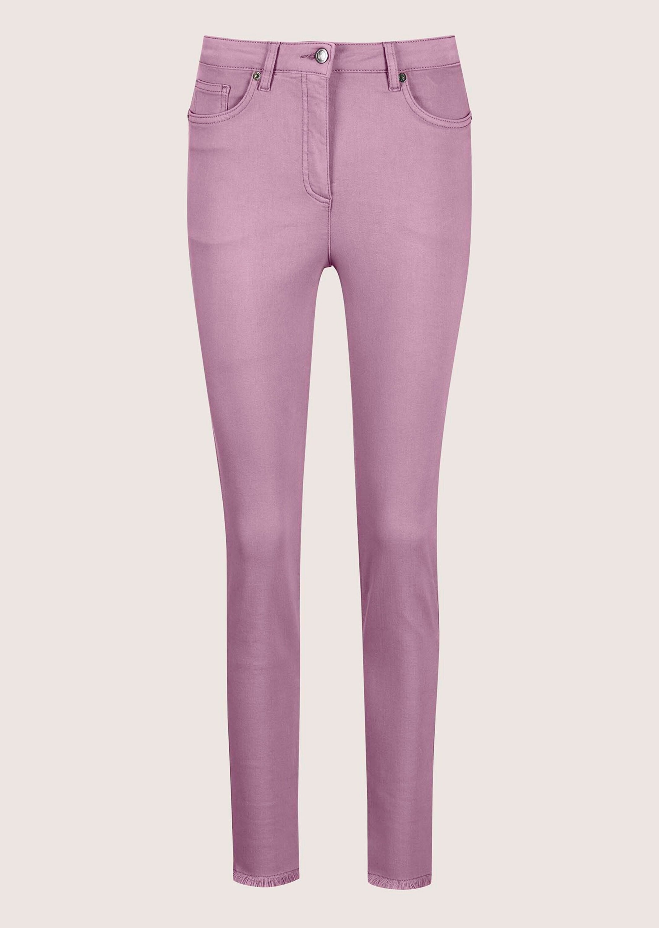 Regular-fit-Jeans MADELEINE "Jeans Mid Waist Skinny-Hose mit Fransen", Damen, Gr. 19, K-Gr, lila (malve), Obermaterial: 92% Baumwolle CO. 6% Polyester PES. 2% Elasthan EL., Jeans