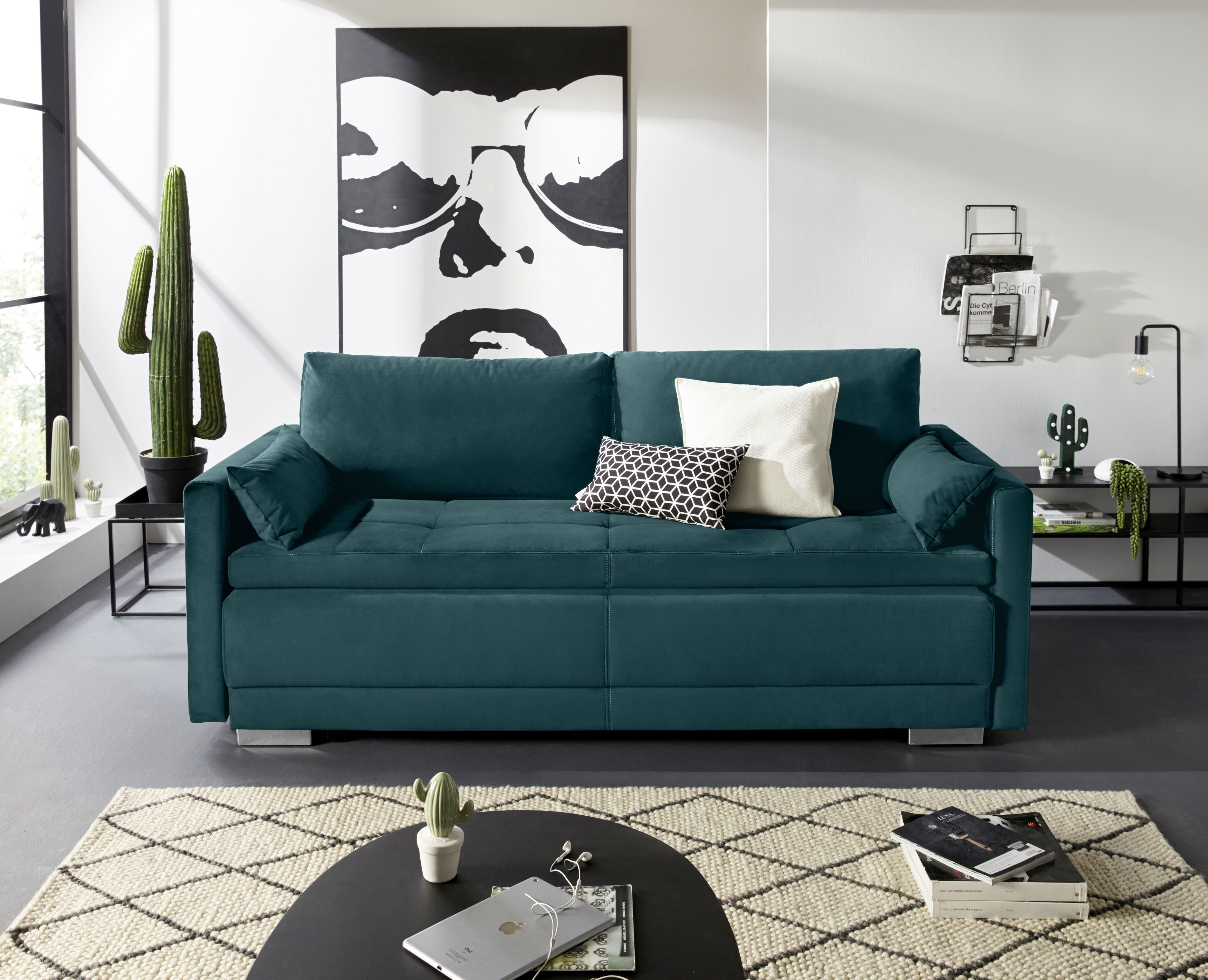 OTTO home 1100000002199 "Berlin, B: 218 cm, Liegel. 160x198 cm, Boxspring" Dauerschlafsofa mit Boxspring inklusive 2 Zierkissen & Bettkasten