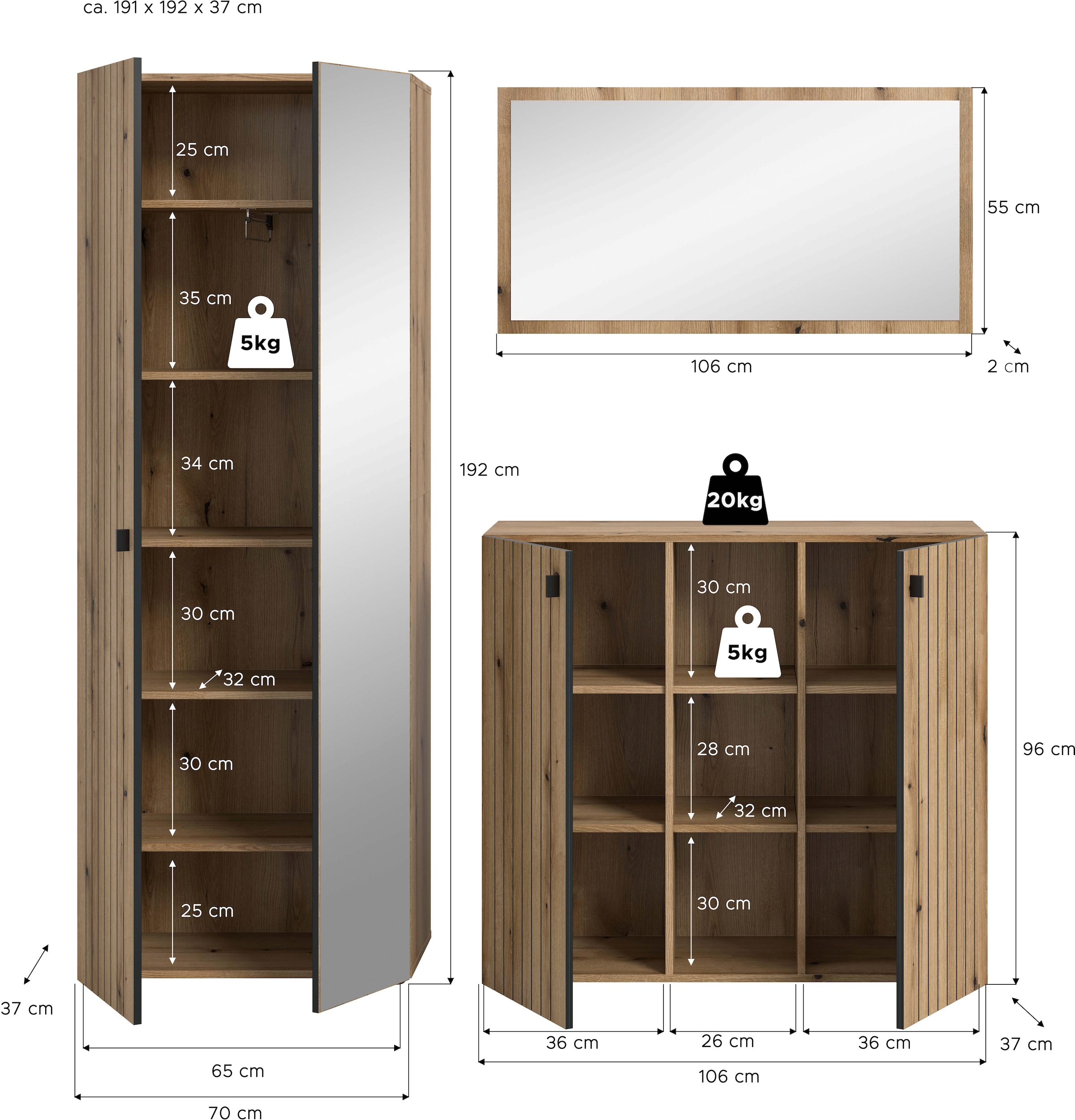 INOSIGN Garderoben-Set »TATIO, 3-tlg. Garderobenkombination, Breite: 191 cm, Rillenfräsung« Set, Set, best. aus: 1 Spiegel, 1 Garderobenschrank, 1 Schuhkommode, 3 Stk. tlg.