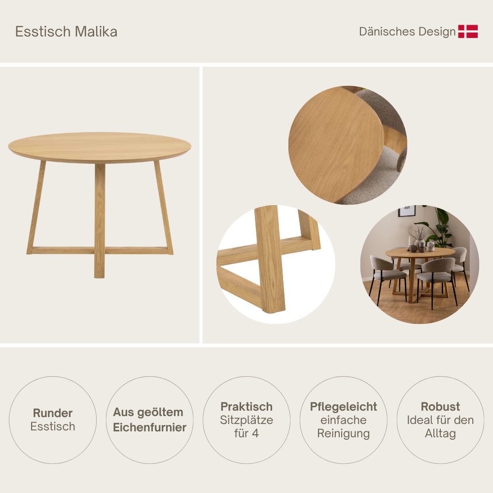 ACTONA GROUP Esstisch »Malika, Runder Tisch, Kreuzfußgestell, furnierter geölter Eiche« Für das Esszimmer, pflegeleicht, Sitzplatz für 4 Personen, Ø: 120 cm