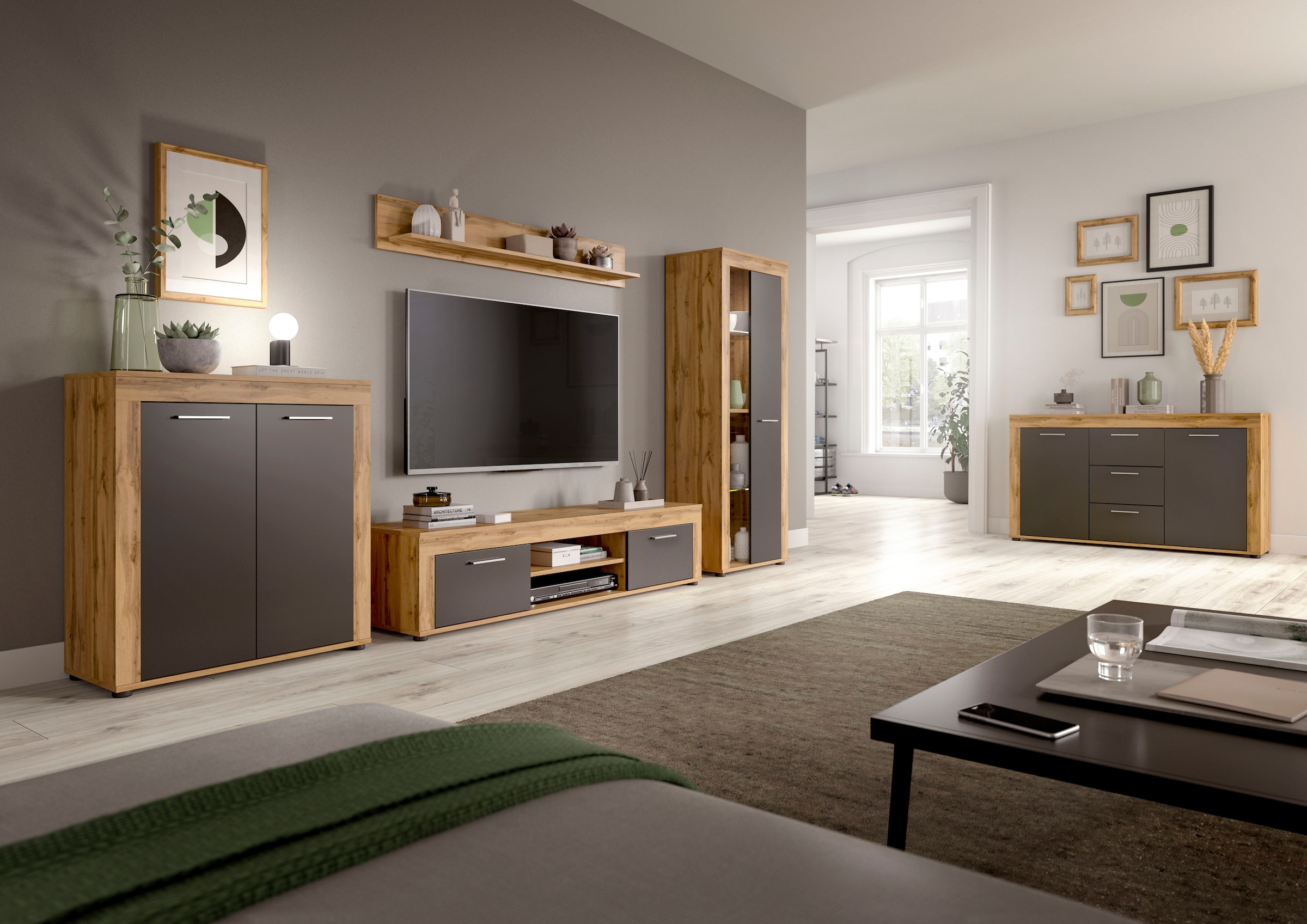 INOSIGN Wohnwand »Aosta, 4-tlg., best. aus: Highboard, Lowboard, Wandboard & Vitrine«, (4 St.), Wohnwand, Kombination, Anbauwand, Möbel Set, Schrankwand, Möbel Kombi