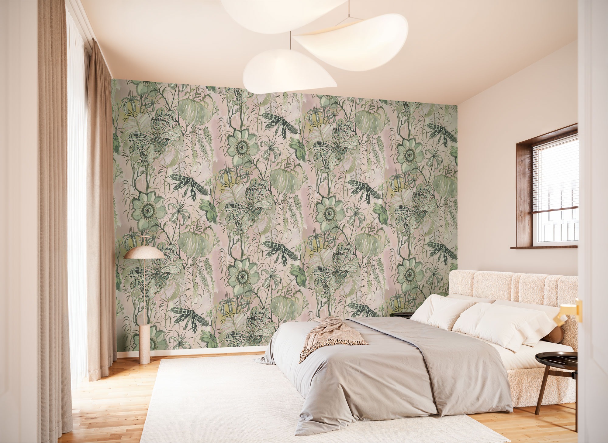 KOMAR Fototapete "Vlies Fototapete - Flower Chain - Größe 200 x 250 cm", B/L: 2m, Rollen: 1rosa,grün, Schlafzimmer, Tapeten