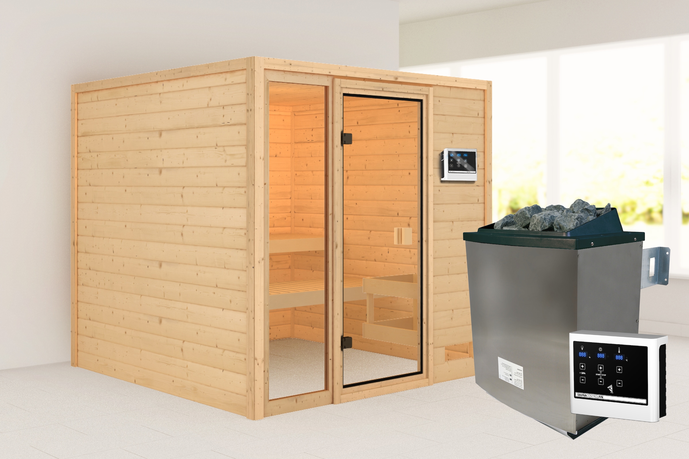 Karibu Sauna ""Jackie" mit bronzierter Tür, naturbelassen" aus hochwertiger nordischer Fichte