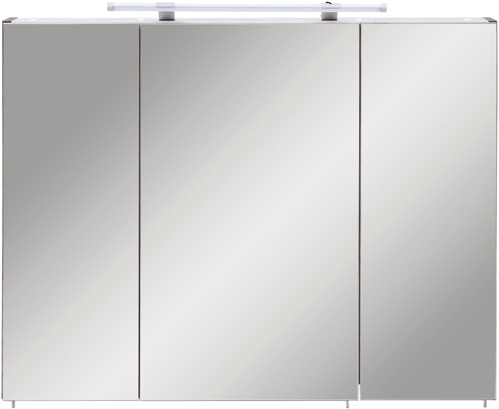 Schildmeyer Spiegelschrank »Dorina, mit höhenverstellbaren Glasböden«, Breite 90 cm, 3-türig, LED-Beleuchtung, Schalter-/Steckdosenbox