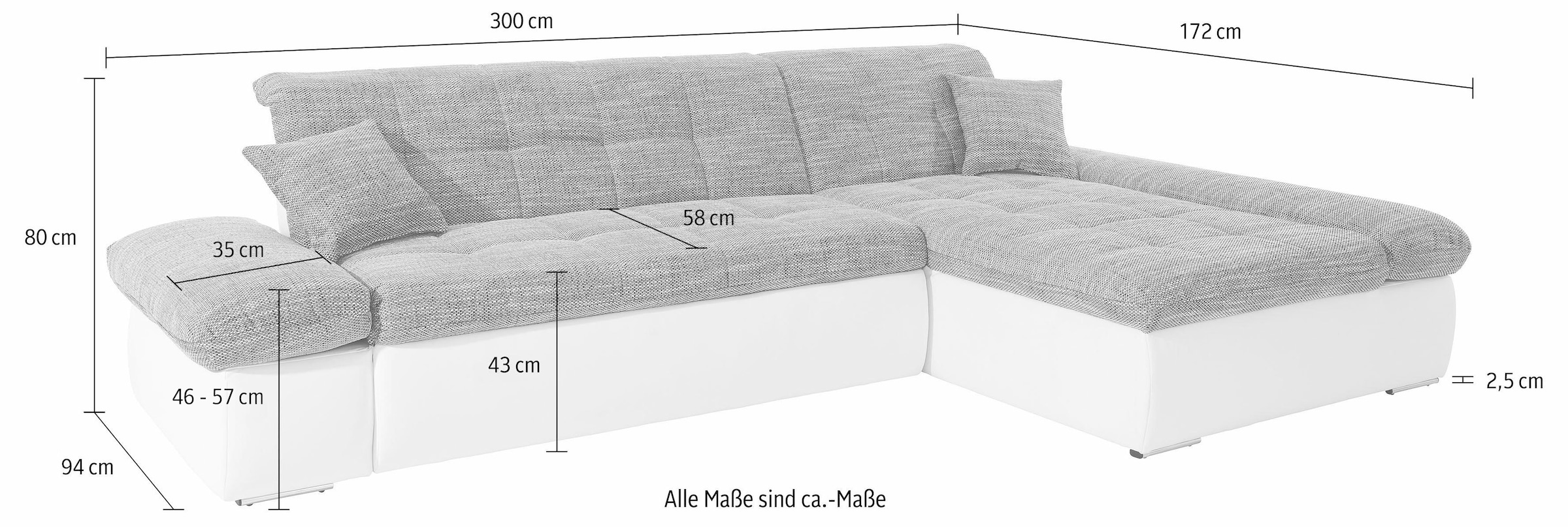 DOMO collection Ecksofa »Moric Luxus - B/T/H 300/172/80 cm, XXL-Format«, L-Form, 140kg Belastung/Sitz, in Cord, Chenille, Kunstleder