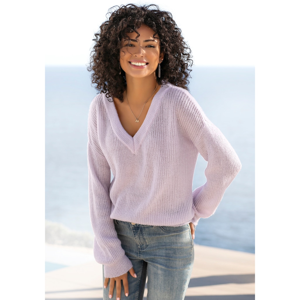 LASCANA V-Ausschnitt-Pullover, mit Zierperlen im Rücken, eleganter Strickpullover