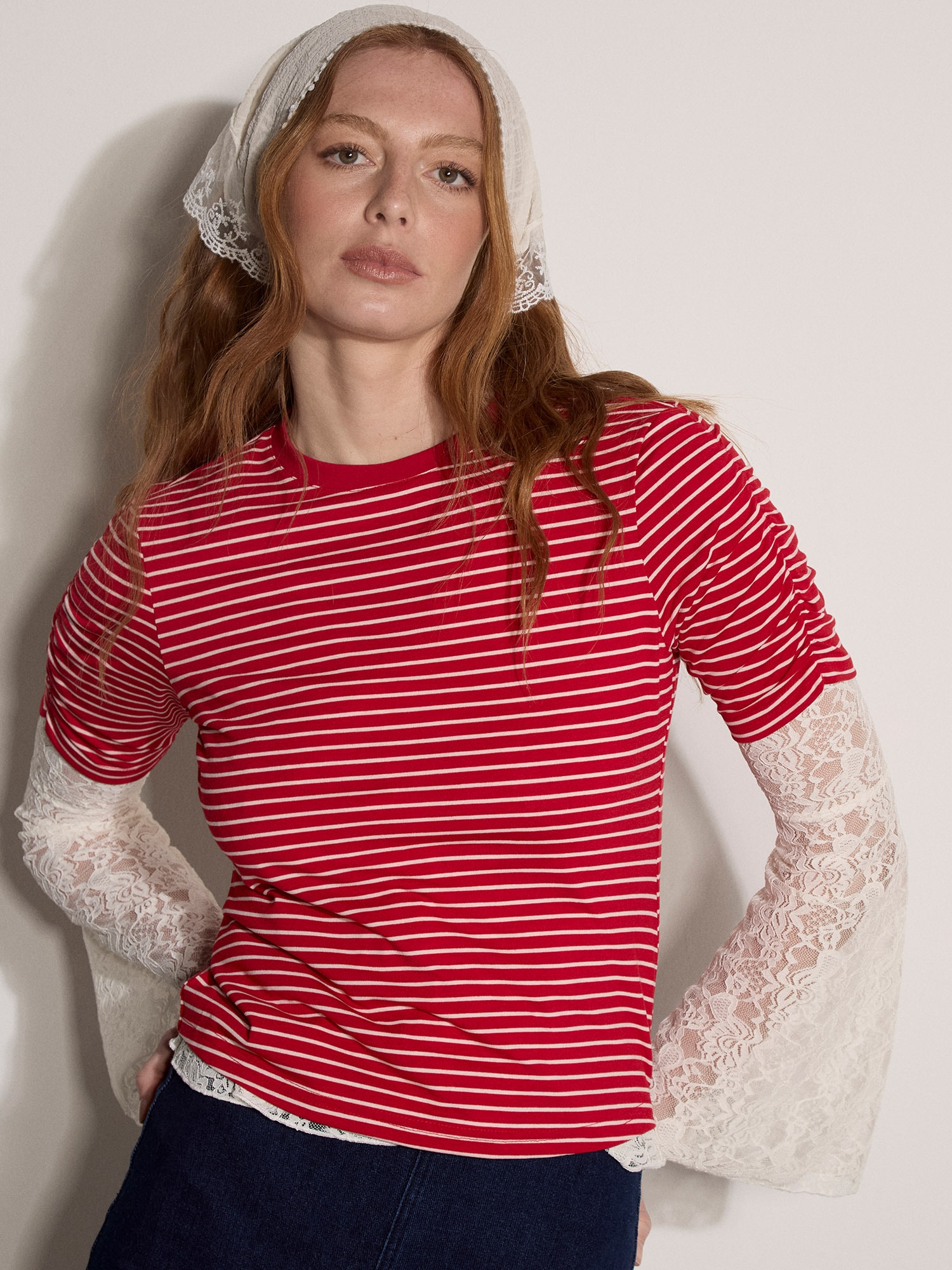 Apricot Spitzenshirt "Gestreiftes Oberteil"