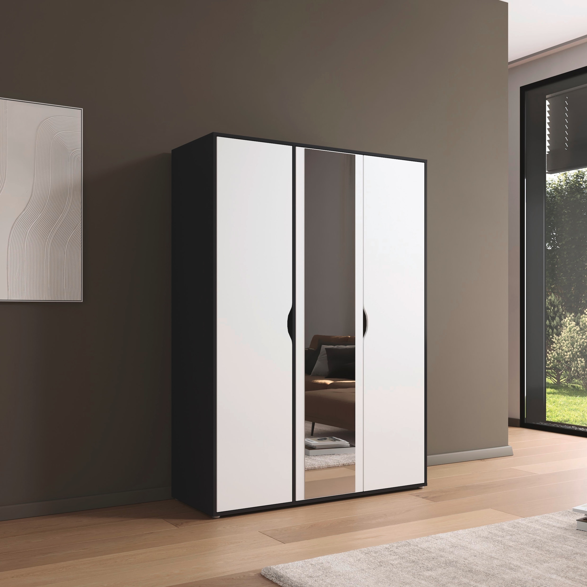 rauch Drehtürenschrank »Kleiderschrank Schrank Garderobe Wäscheschrank NARAI mit Spiegel«, (in 3 verschiedenen Ausstattungen BASIC/CLASSIC/PREMIUM), Griffausfräsungen für eine grifflose Optik TOPSELLER MADE IN GERMANY