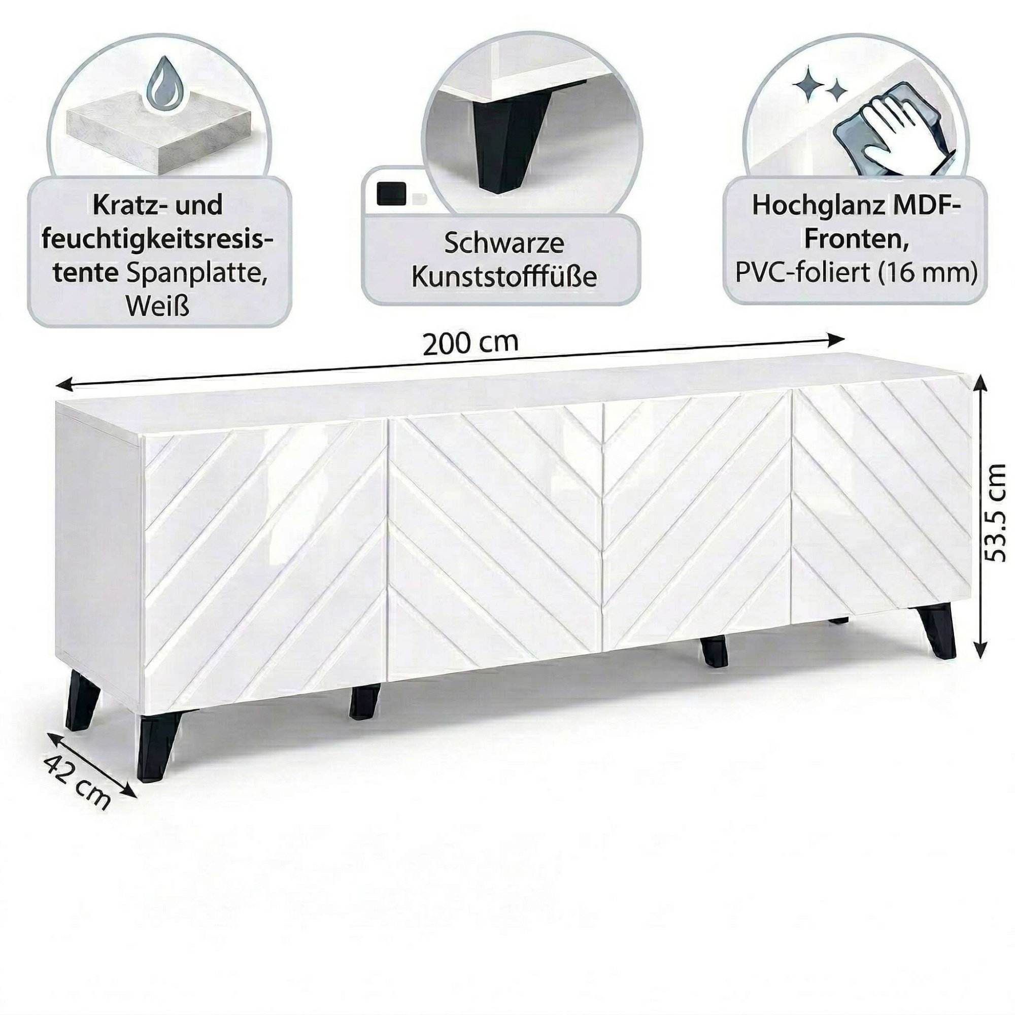 OTTO home Lowboard »HOLLY 2.0, TV-Board, TV-Kommode, TV-Schrank, TV-Unterschrank, TV-Möbel« Modernes lackiertes Hochglanz TV-Board, grifflos, Breite 200 cm