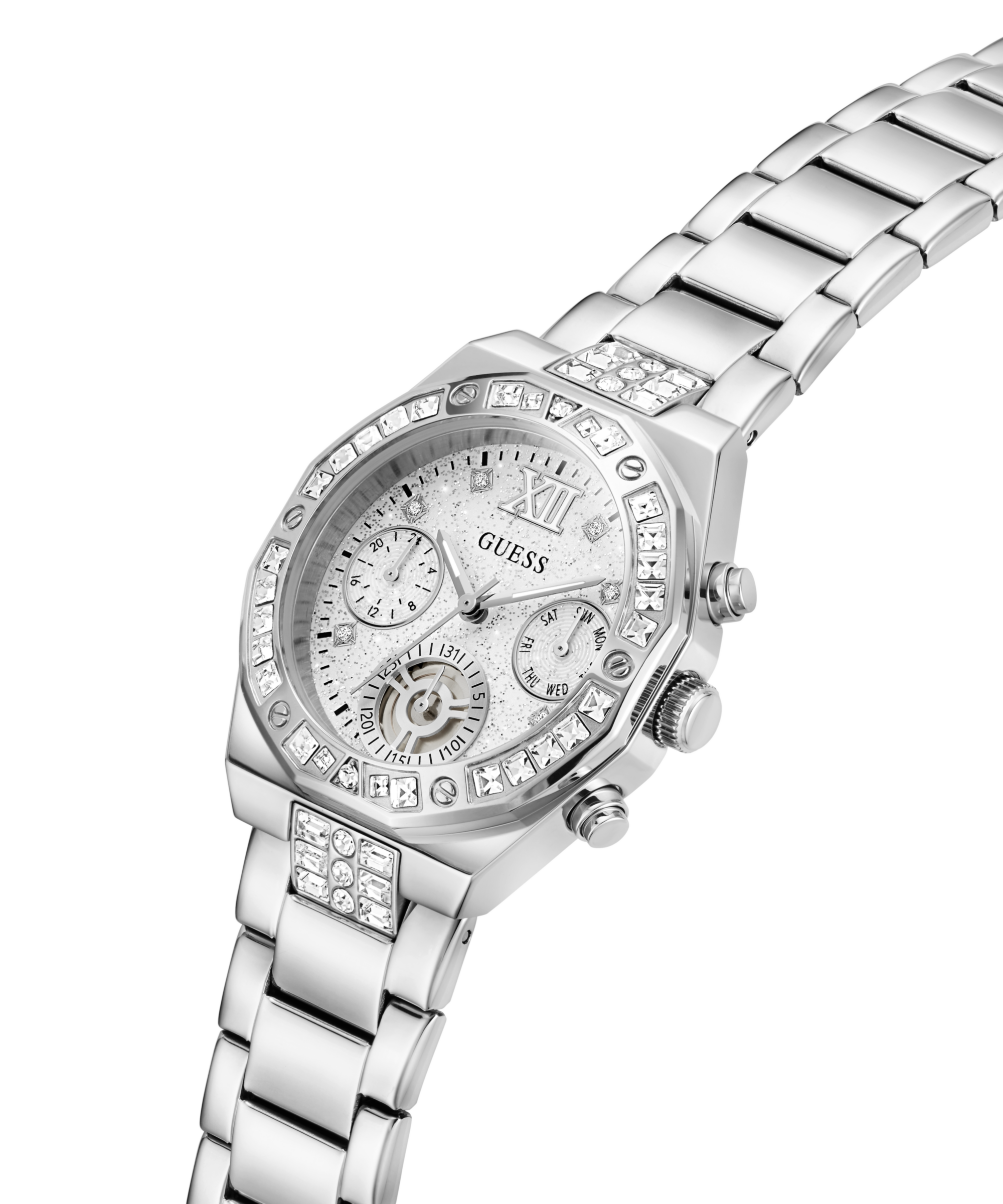 Guess Quarzuhr »SELINA« Armbanduhr, Damenuhr, Edelstahlarmband, analog, Tag, Wochentag