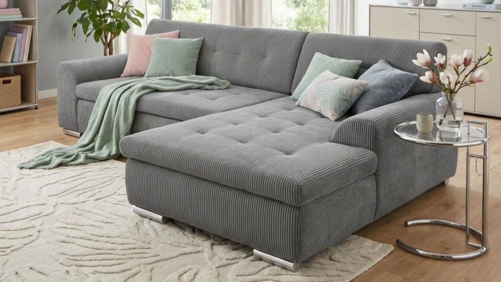 DOMO collection Ecksofa "TREVISO viele Bezüge, auch in Cord, L-Form, 267x178 cm" wahlw. mit Bettfunktion, inkl. Zierkissen, Unser Dauertiefpreis