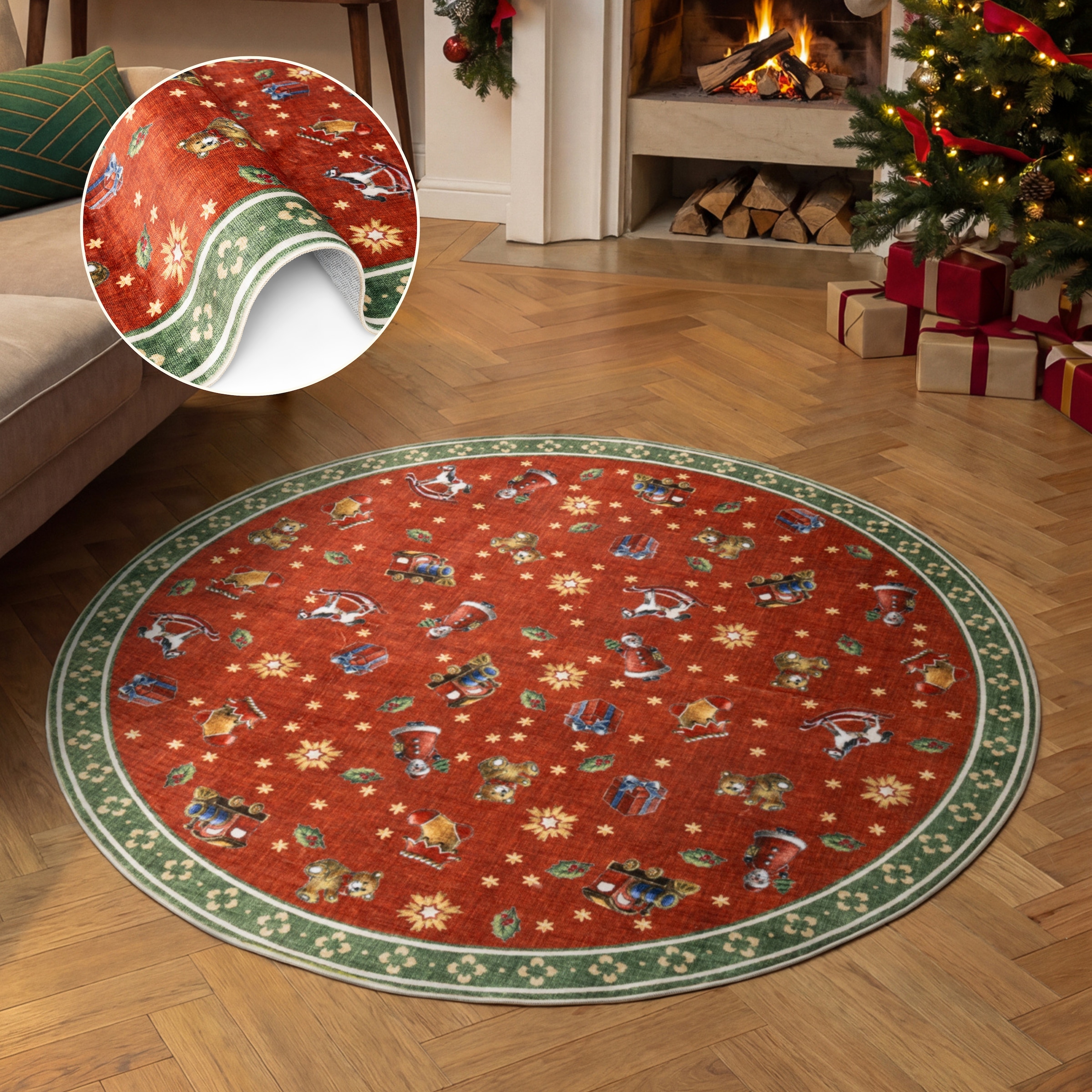 Villeroy & Boch Teppich "Toys Delight Nostalgic Noel" rund 3 mm Höhe Weihnachten, Toys Delight, Wohnzimmer, Waschbar, Baumrock, Christmas