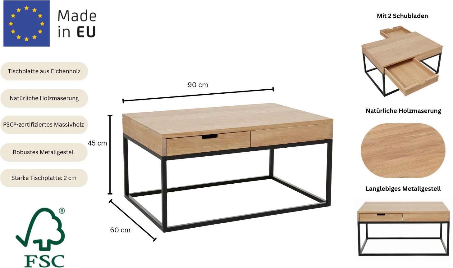 Thumbnail - Home affaire Couchtisch "Rava" B/T/H: 90/60/45 cm, aus Eichenholz, FSC zertifiziert, mit 2 Schubladen, Metallgestell
