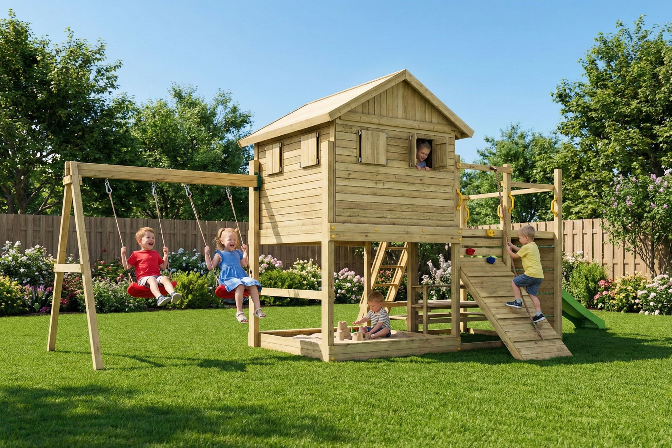 FUNGOO Spielturm »ALOHA« mit Spielhaus und Terrasse, Doppelschaukel