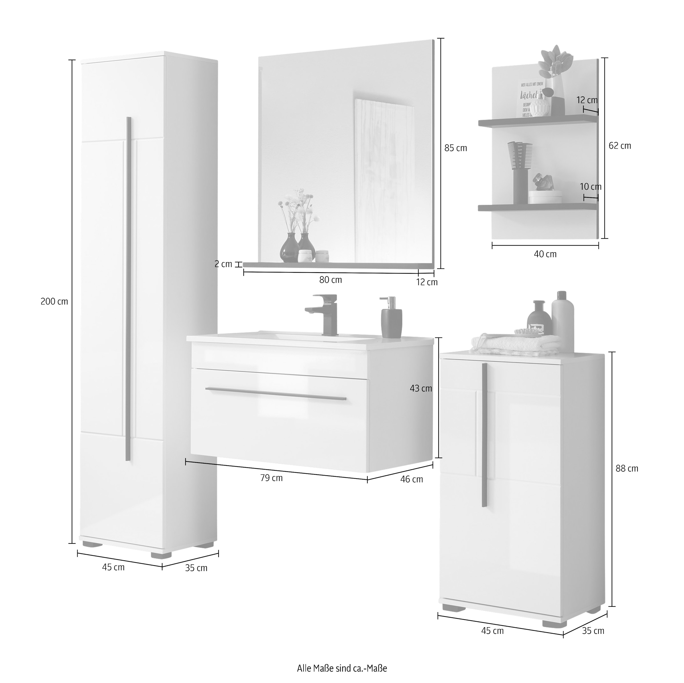 INOSIGN Badmöbel-Set »Cantara, Bad im modernen Design, 5-teiliges Badezimmer«, (Set, 5 St.), Waschtisch, Schränke, Hängeregal und Spiegel, in Weiß Hochglanz