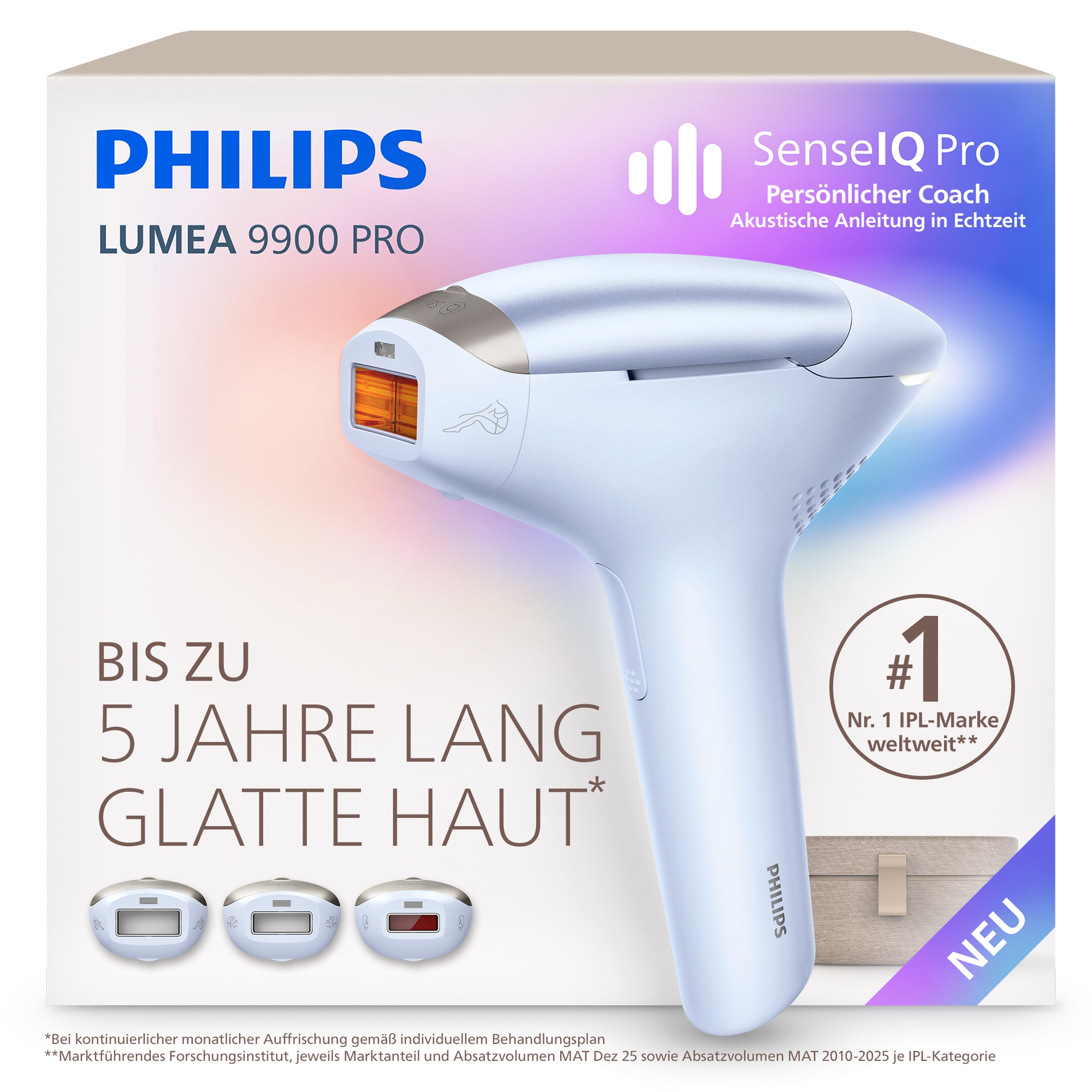 Philips IPL-Haarentferner "Philips Lumea Series 9900 Pro BRC333/00, NEUHEIT" 3 Aufsätze (Körper, Gesicht, empfindliche Bereiche), Audioführung