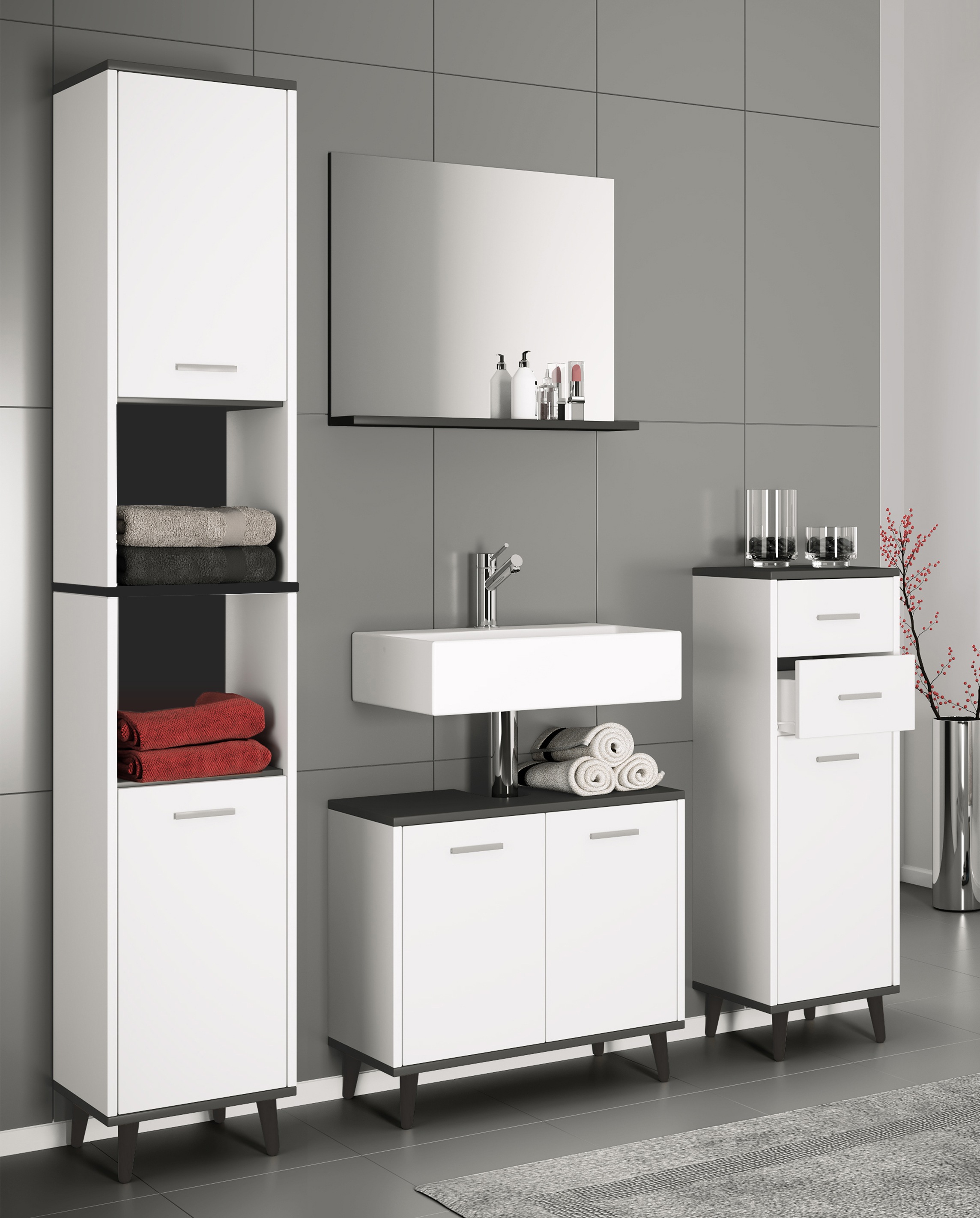 VCM Waschbeckenunterschrank »VCM 4-tlg. Badmöbelset | Badmöbel | Set aus Unterschrank, Midischrank, Hochschrank und Spiegel | Badezimmermöbel - Landos«, (4 St.)