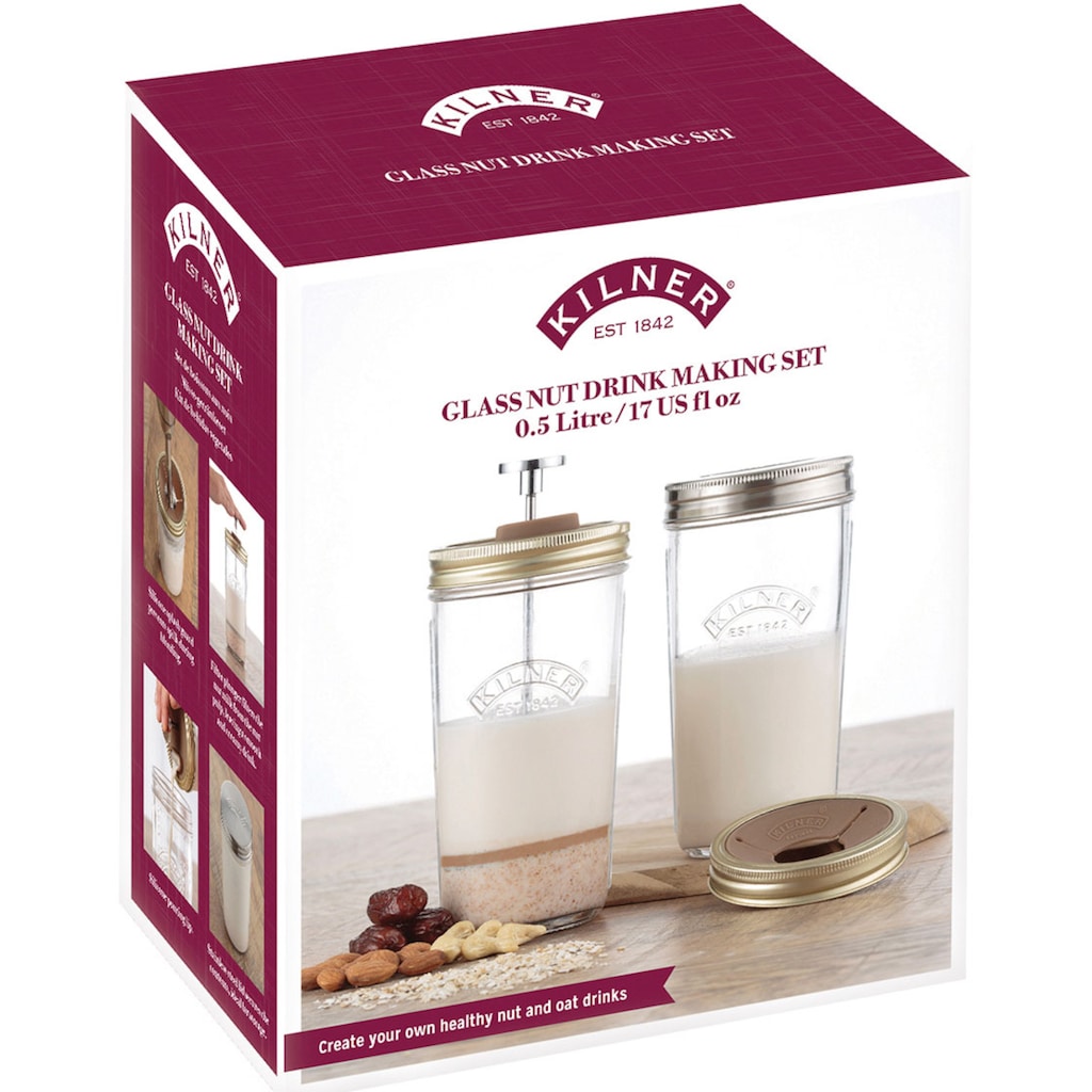 KILNER Protein Shaker, (Set, 4 tlg.), für Nussmilch, mit Spritzschutz, Kolben und 2 Gläsern á 0,5 L