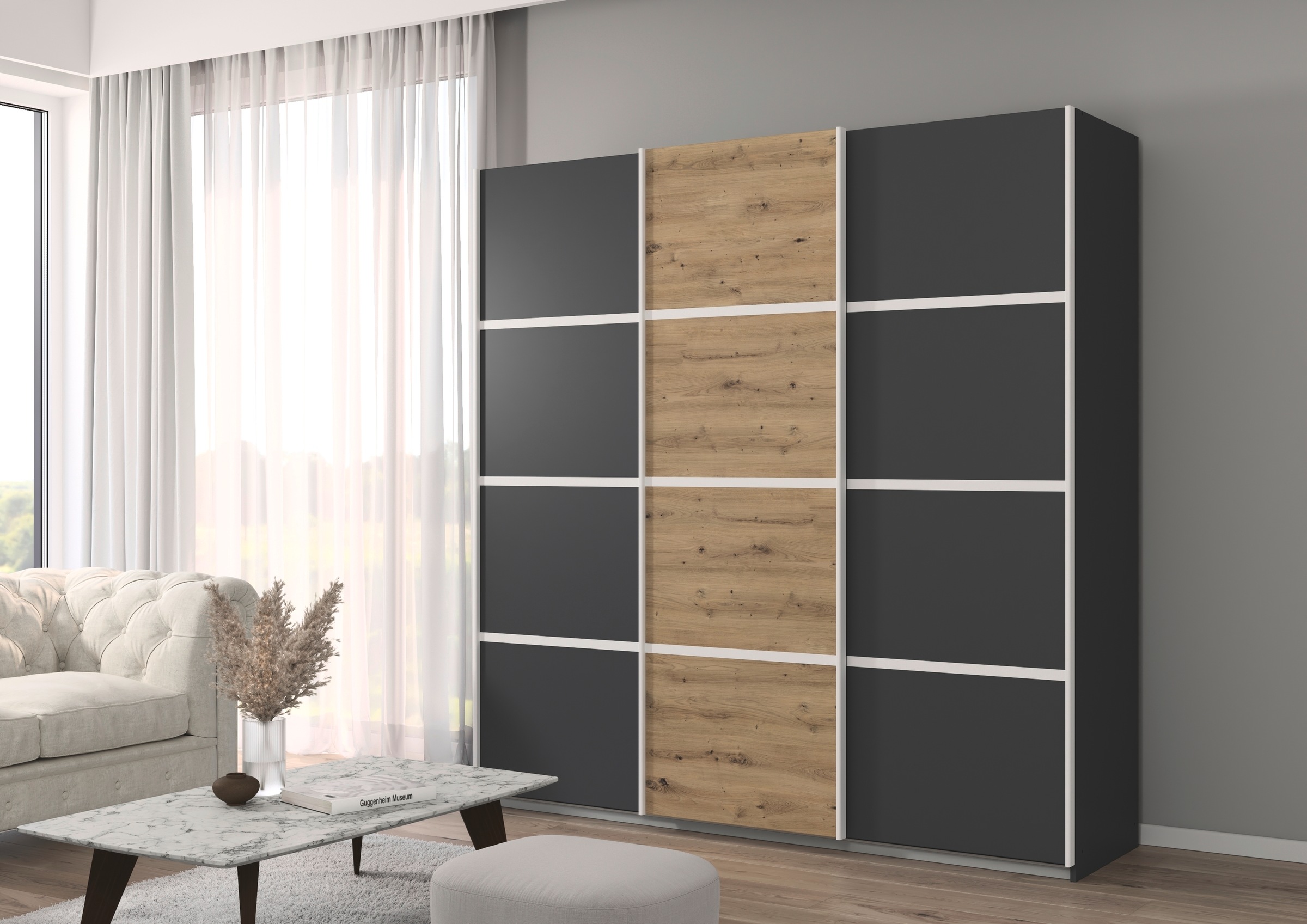 rauch Kleiderschrank »Schwebetürenschrank OTTO´s Choice Garderobe Schrank TOP ANGEBOT Avola«, (in 3 verschiedenen Ausstattungen BASIC/CLASSIC/PREMIUM), mit eleganten Zierleisten in Chrom, Schwarz oder Weiß MADE IN GERMANY