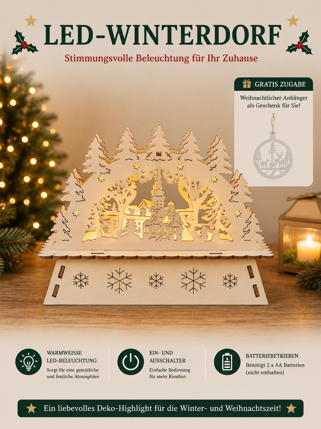OTTO home LED Schwibbogen »Weihnachtsdeko mit LED-Licht« 1 Dorfkirche mit verschneitem Tannenwald, Batterien, Höhe 11,2 cm