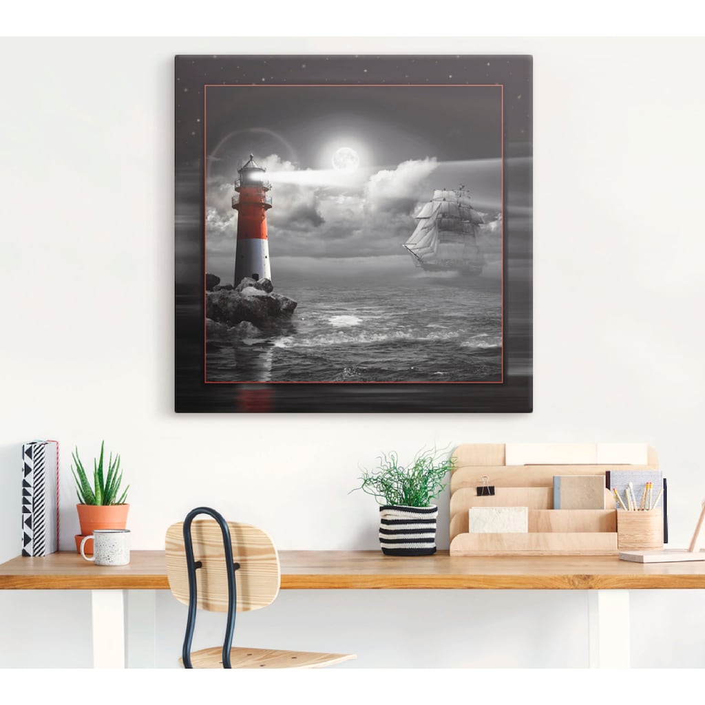 Artland Wandbild »Leuchtturm und Segelschiff im Mondschein«, Küste, (1 St.), als Leinwandbild, Poster, Wandaufkleber in verschied. Größen