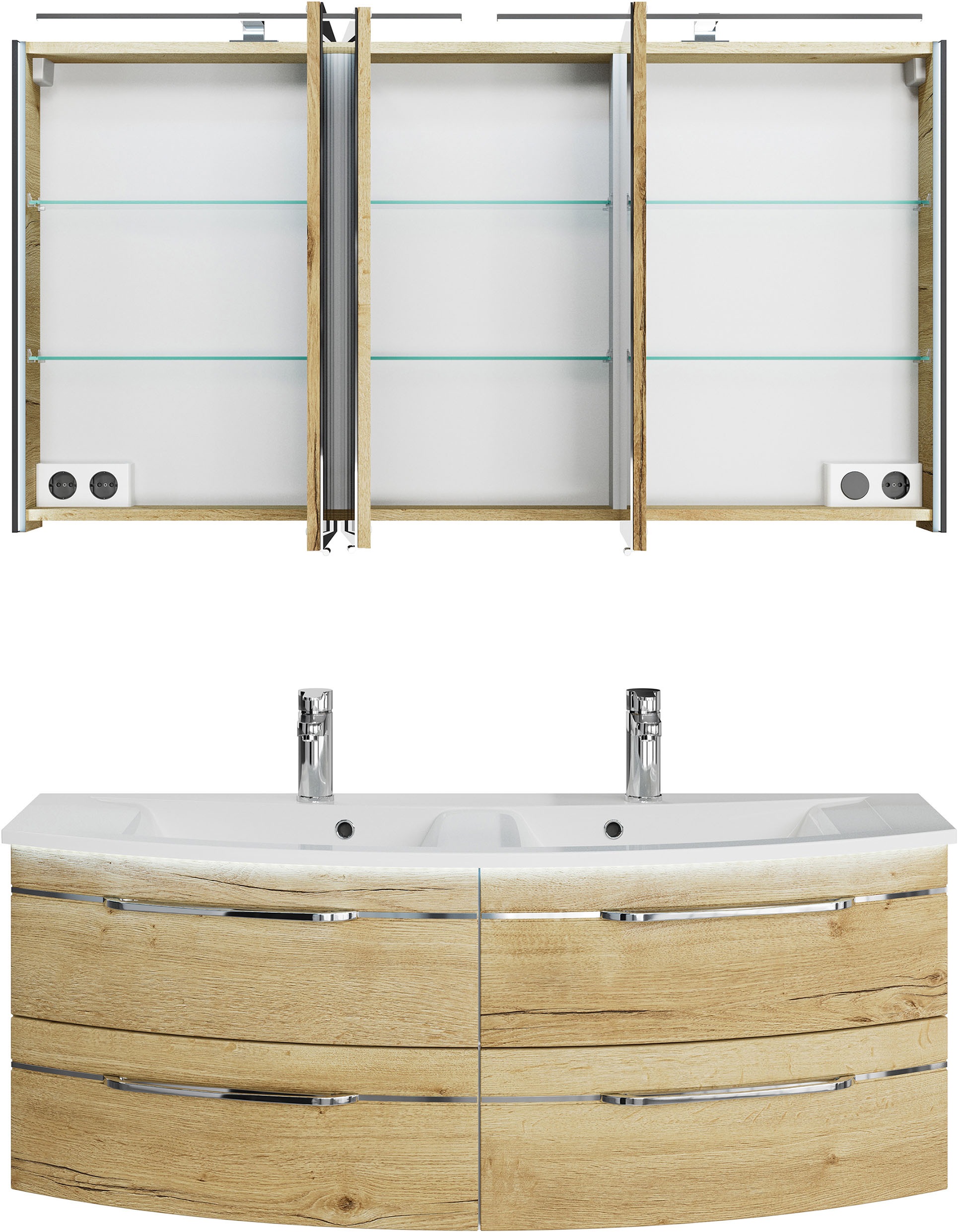 Saphir Badmöbel-Set »Badezimmer-Set 133,2 cm breit, inkl. Türdämpfer, 3 Türen, 4 Schubladen«, (Set, 2 St.), Serie 7045 2-teilig Mineralmarmor-Doppelwaschtisch, LED-Spiegelschrank