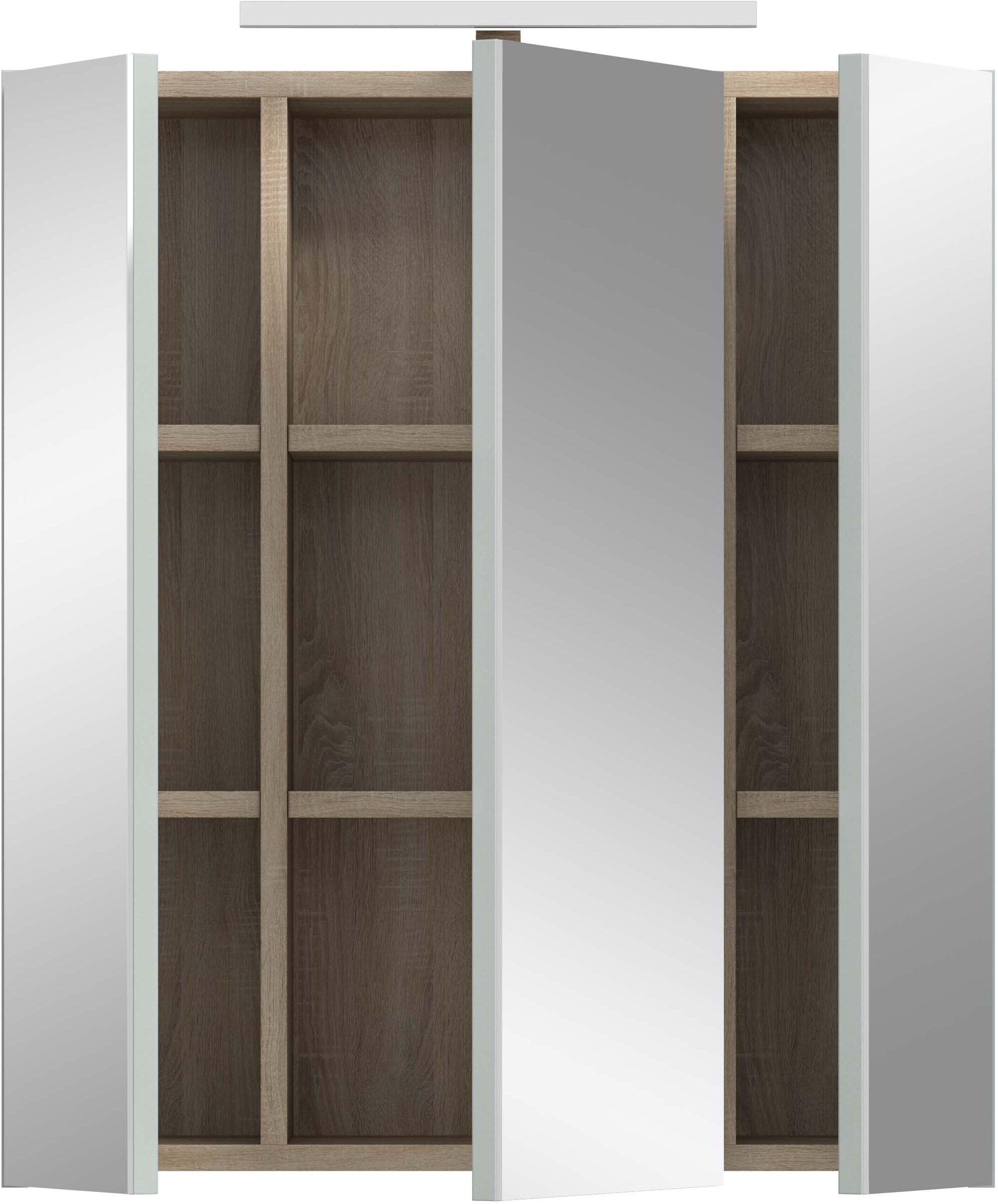 welltime Spiegelschrank »MINTTU, Breite 60cm, inkl. Beleuchtung, 3 Spiegeltüren, 6 Einlegeböden« Türanschlag der mittleren Tür rechts und links montierbar,  Badmöbel, Spiegel, Badschrank, Bad