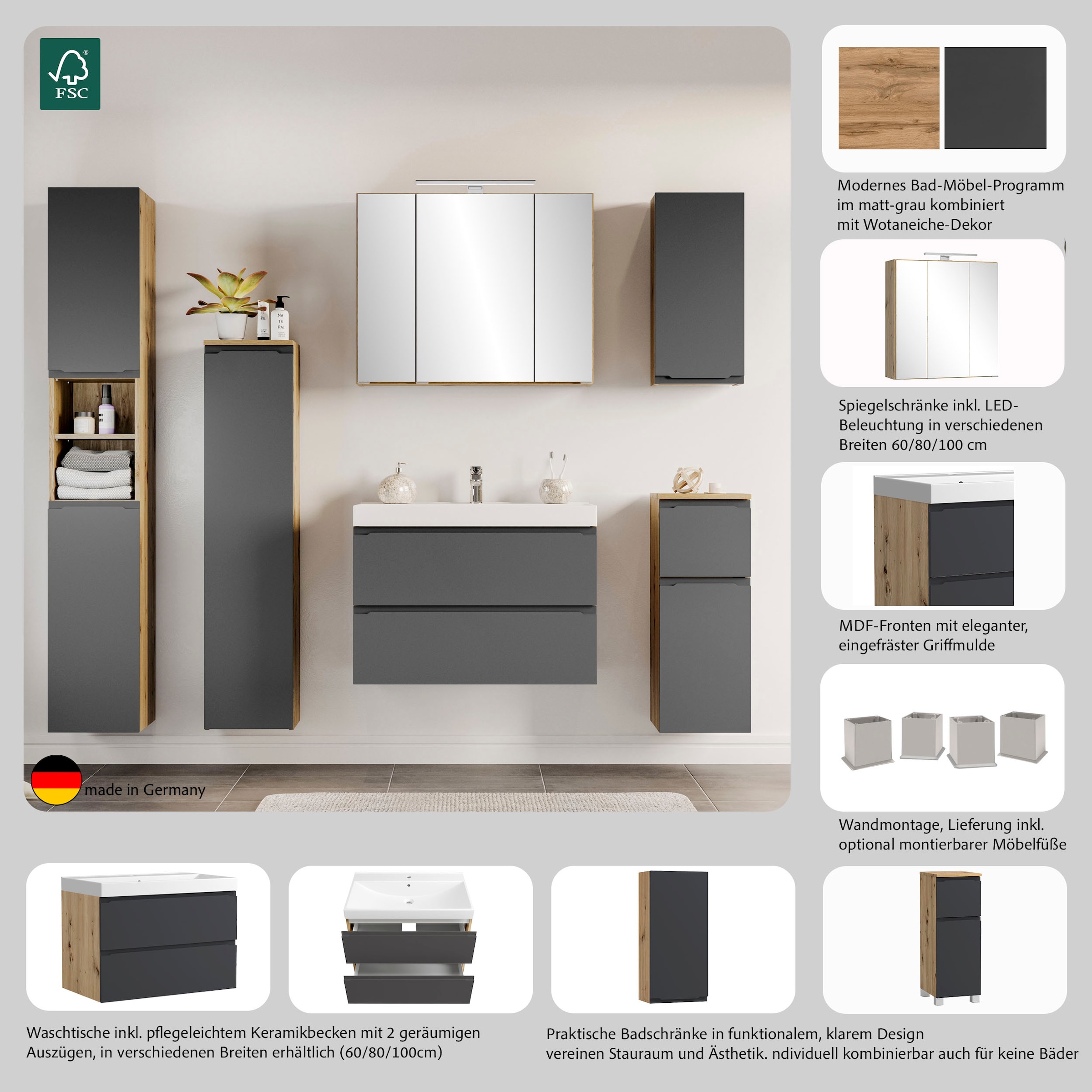 welltime Waschtisch »CABO, Waschtisch« matt grau, griffloses Design