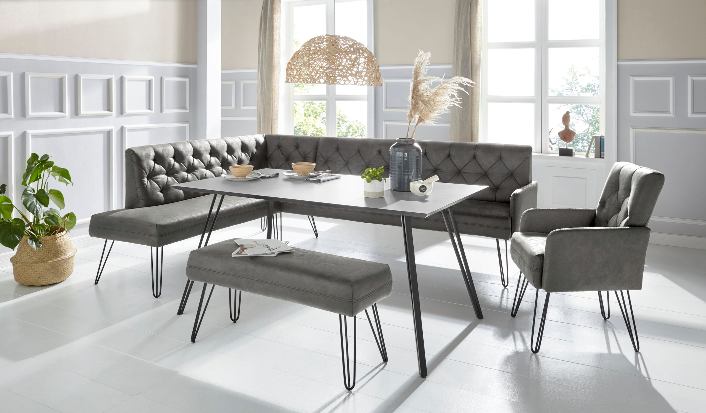 exxpo - sofa fashion Eckbank »Doppio, Chesterfield Optik, komfortabel und bequem, hohe Designfüße«, Frei im Raum stellbar