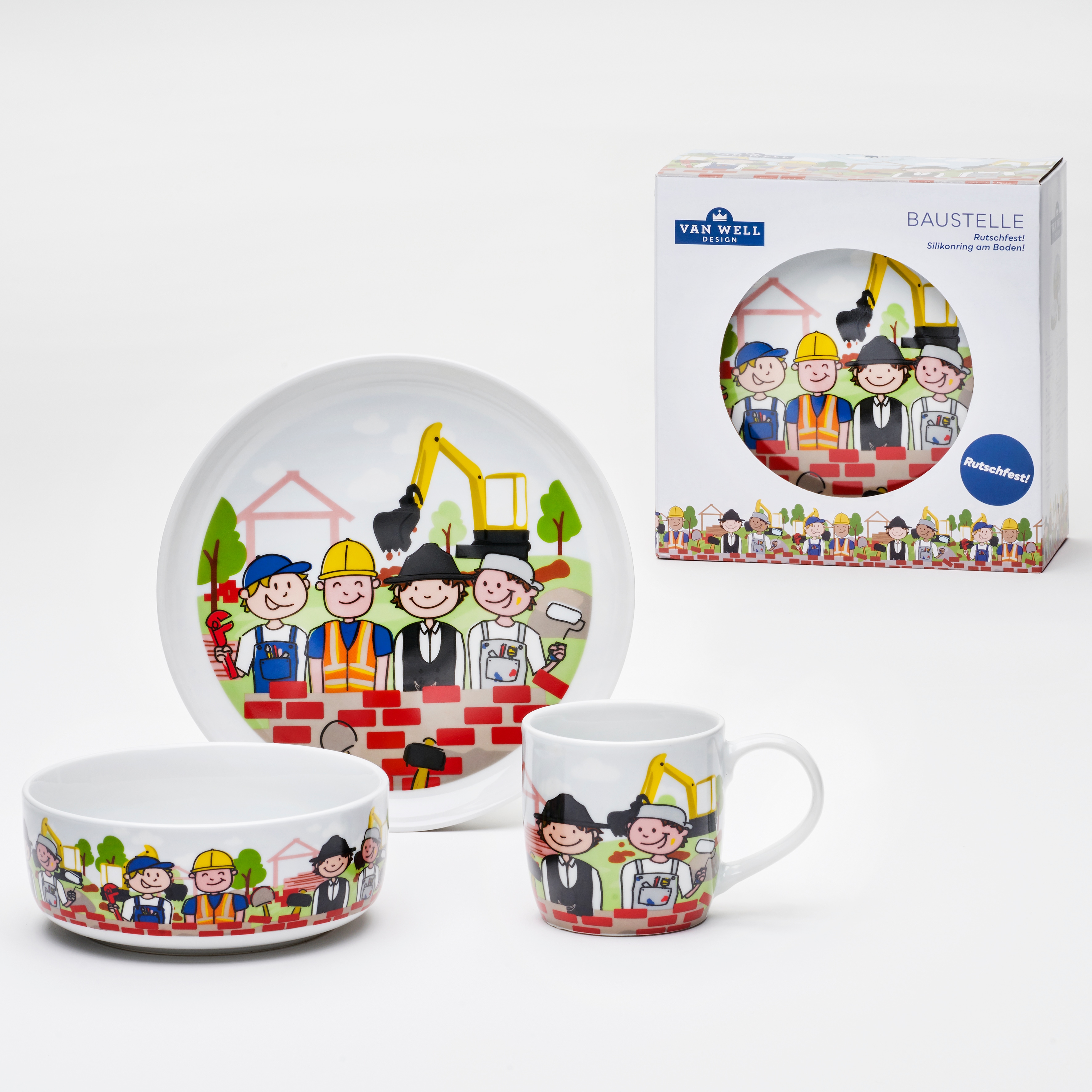 VAN WELL Kindergeschirr-Set "Kinderset Baustelle, 3-teilig, Geschirr-Set, Service", 3 Stk., bunt, Geschirr-Sets, mit farbenfrohem Dekor,