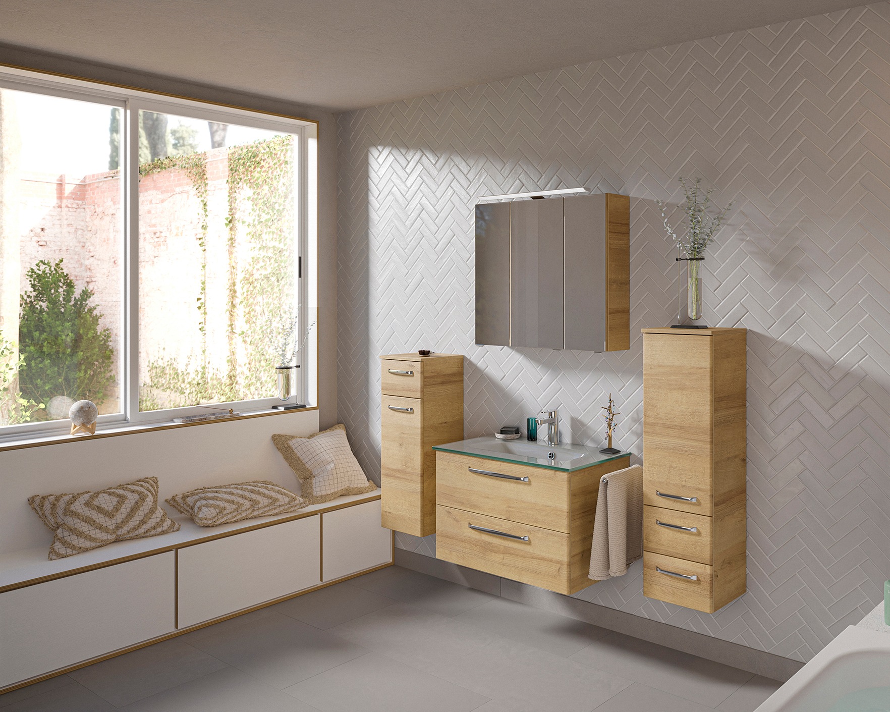 Saphir Badmöbel-Set »Badmöbel-Set Trentino 4-teilig Glas-Waschtisch mit LED-Spiegelschrank«, (5 St.), Badezimmer-Set mit Midischrank und Unterschrank inkl. Türdämpfer